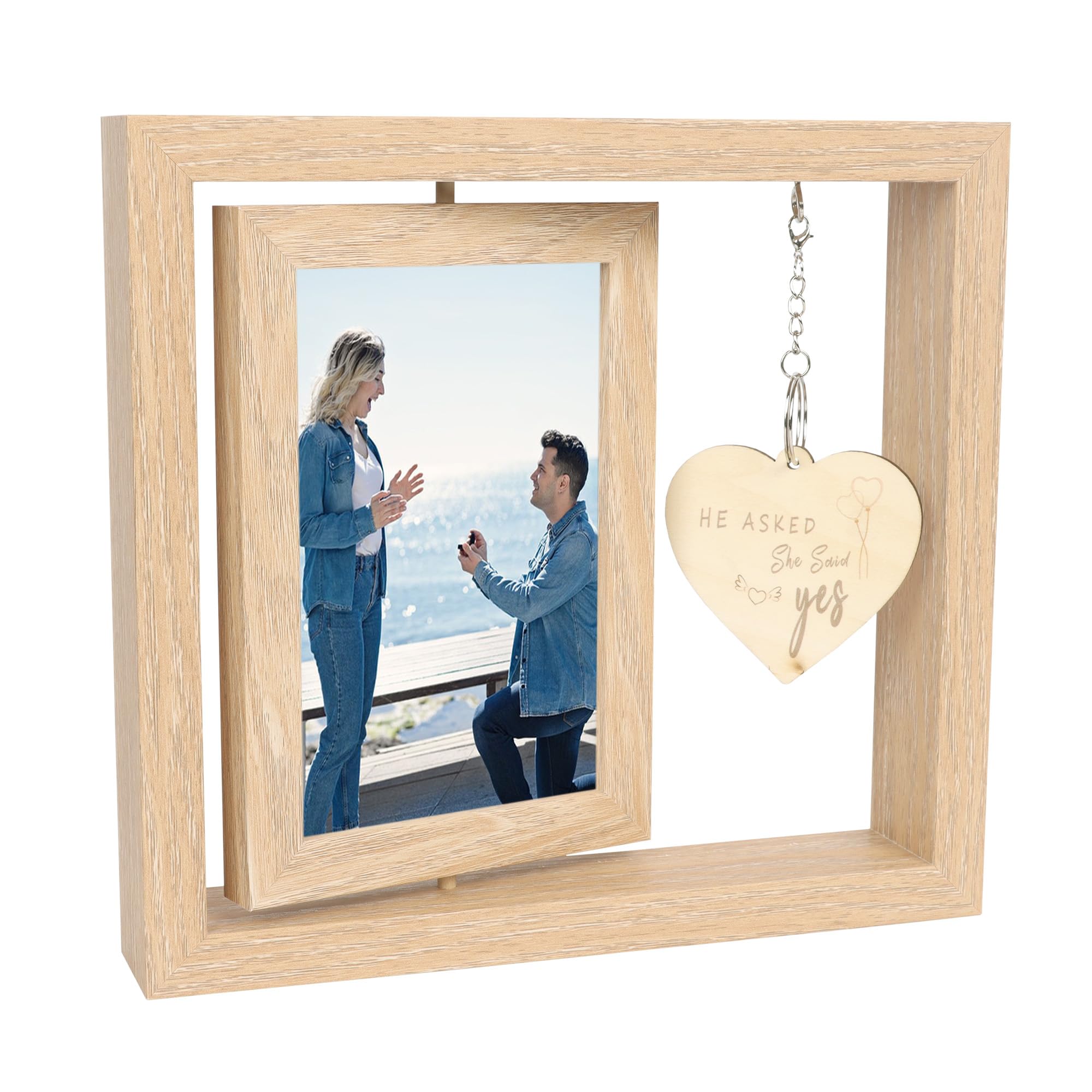 He Asked She Said Yes Photo Frame - Proposal Engagement Gifts for Couples with Heartfelt Message - Rotating 2-Sided Wood Photo Frame Perfect Wedding & Newlywed Gift (Light Wood) — image 1
