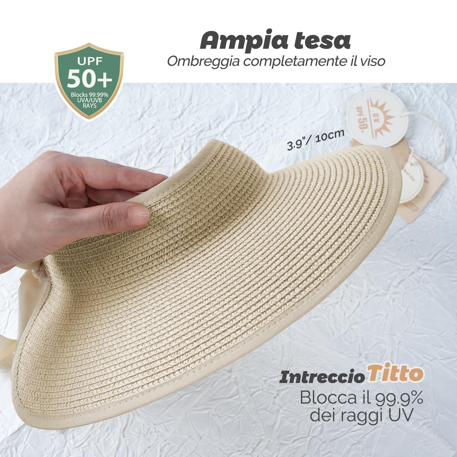 Creekstone Cappelli da donna con visiera in paglia a tesa larga, protezione UV, ripiegabile, cappello estivo da spiaggia, coda di cavallo, da viaggio, UPF 50+