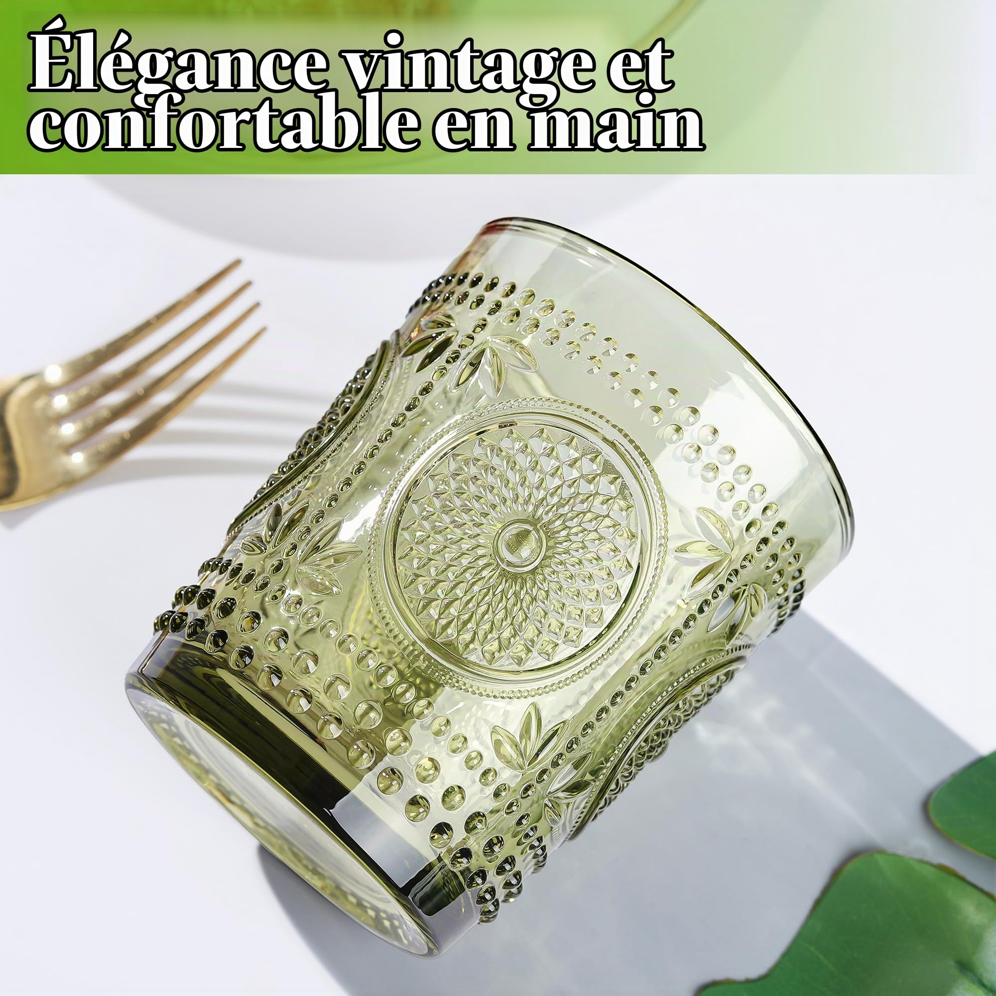 Joeyan Lot de 6 Verres à Eau Vert,320ml Verres à Jus et Soda,Vintage Verre à Boire Design en Tournesol Floraux Relief,Verre de Table Pour Eau Gazeuse Orangeade Apéritif et Bière,Lavable Lave-Vaisselle