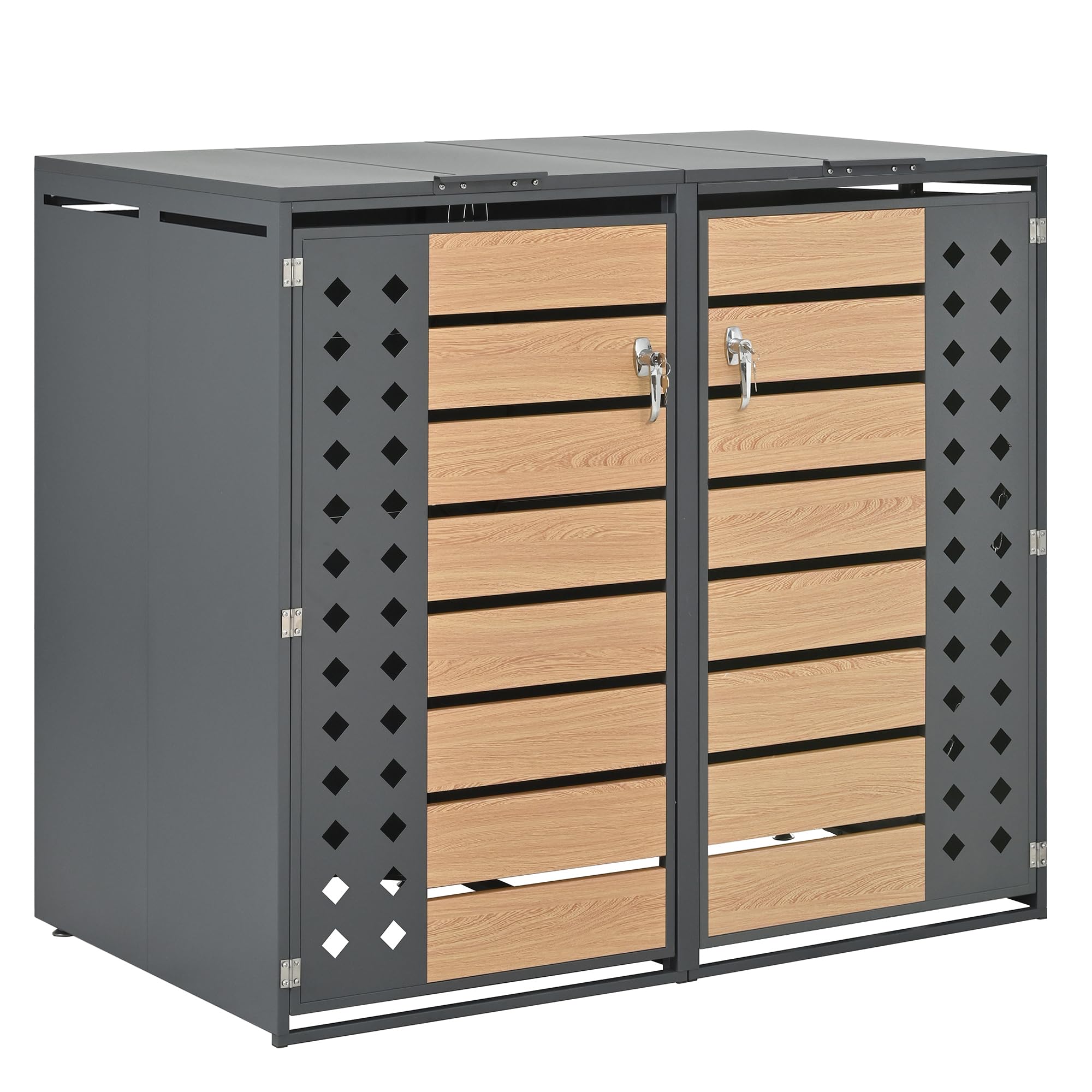 Box per bidoni della spazzatura, 2 pezzi, con effetto legno, strisce trasparenti e coperchio ribaltabile, fino a 240 l, richiudibile, in acciaio zincato, foro diamantato, scatola della spazzatura da