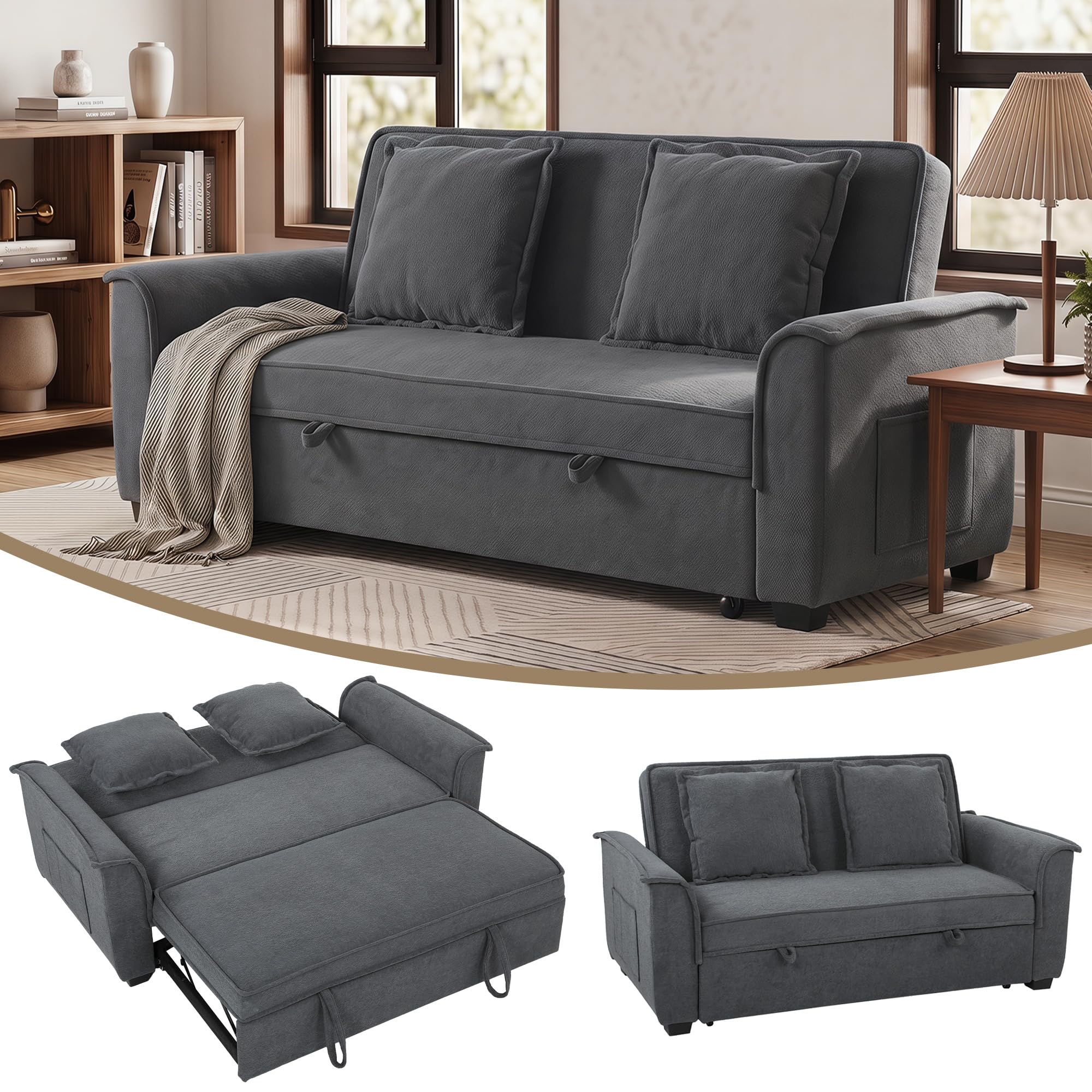 HOMCOM Divano Letto 2 Posti 3 in 1 in Ciniglia con 2 Cuscini, Divano Letto Matrimoniale Estraibile Reclinabile 3 Livelli con Braccioli, Seduta Imbottita, Legno Eucalipto, per Soggiorno, Grigio Scuro