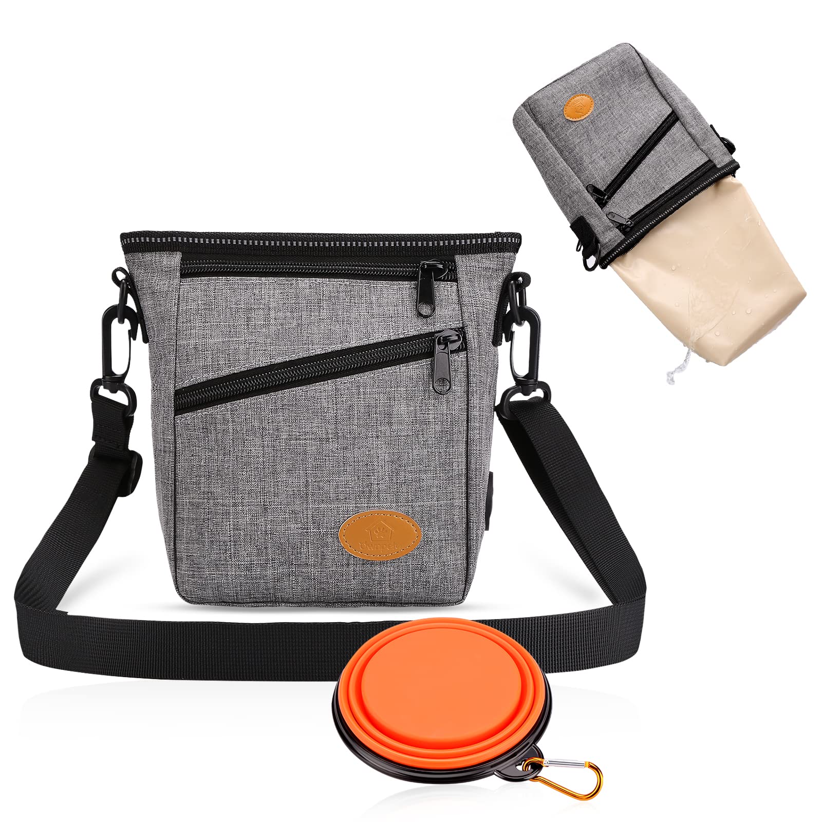 Ownpets Dog Training Pouch with Silicone Liner, Pet Treat Training Pouch with Collapsible Bowl, Shoulder Strap & Waist Strap, 4 Ways to Wear, Walking