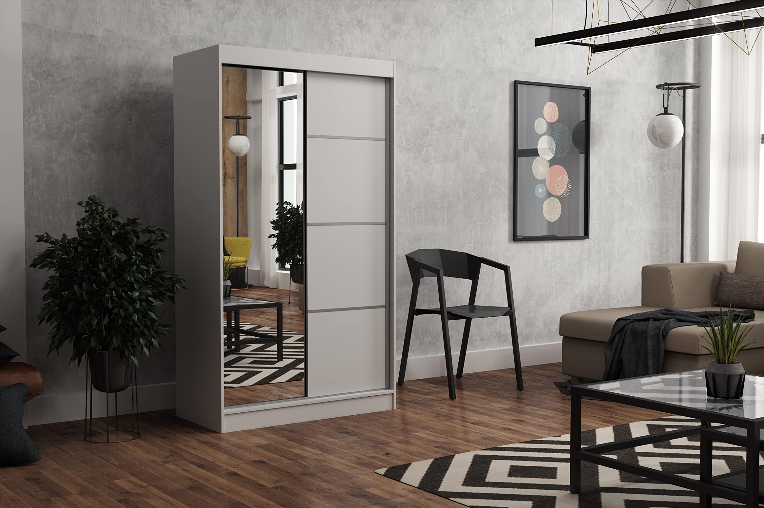 Brent - Kleiderschrank mit Spiegel Tom, 100cm Breit, Schlafzimmerschrank mit 1 Kleiderstange und Einlegeböden für Kleidung, Kleiderschrank Weiß