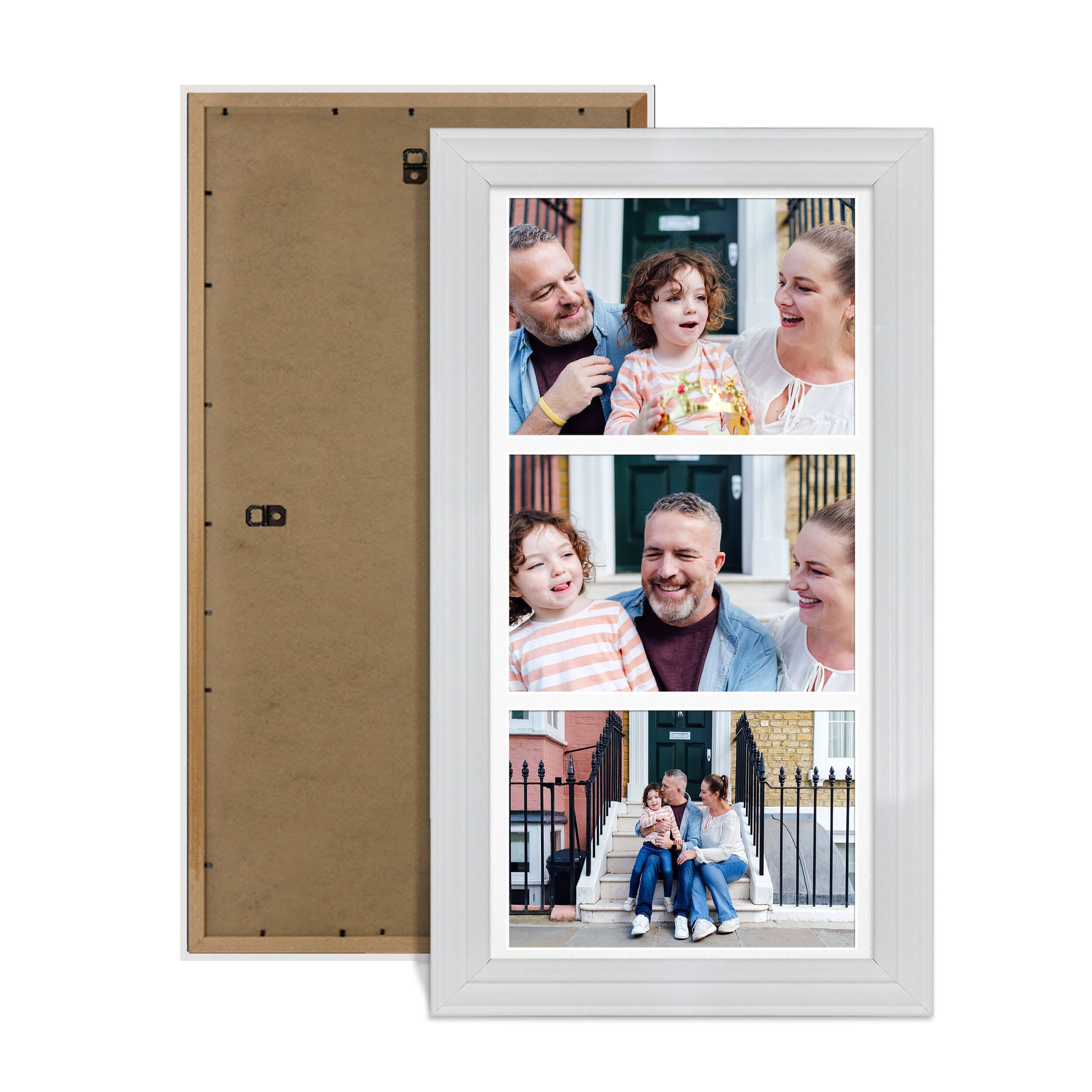 Alison Kingsgate White 16x8 Photo frames for multiple pictures- 3 Apertures Collage Frame with White Mount - Holds (3x) 7x5 Photos - Engineered Wood & Perspex