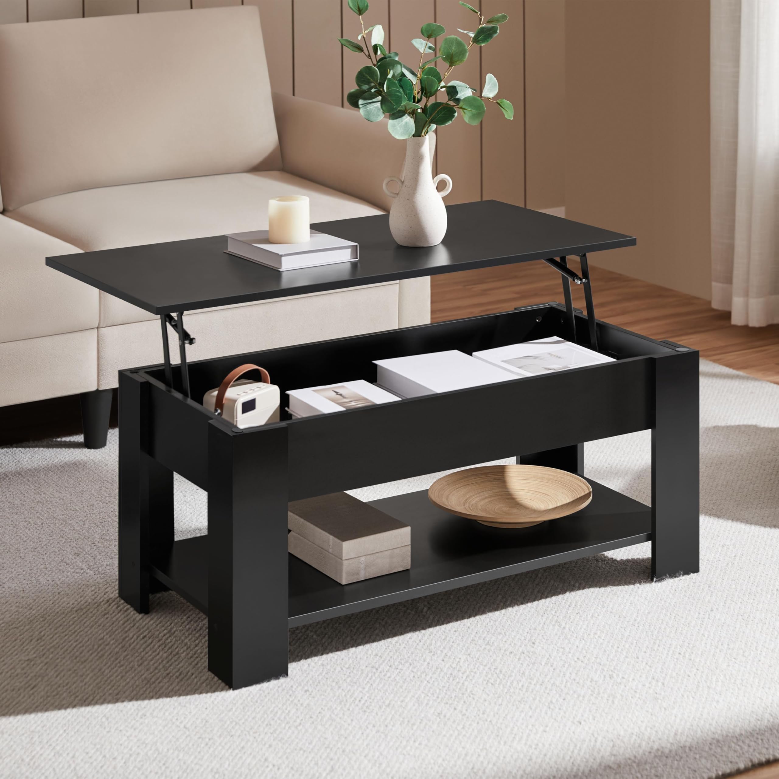 Yaheetech Couchtisch Kaffeetisch höhenverstellbar Wohnzimmertisch mit Ablagefach Sofatisch Beistelltisch Teetisch aus Holz Schwarz – Bild 2