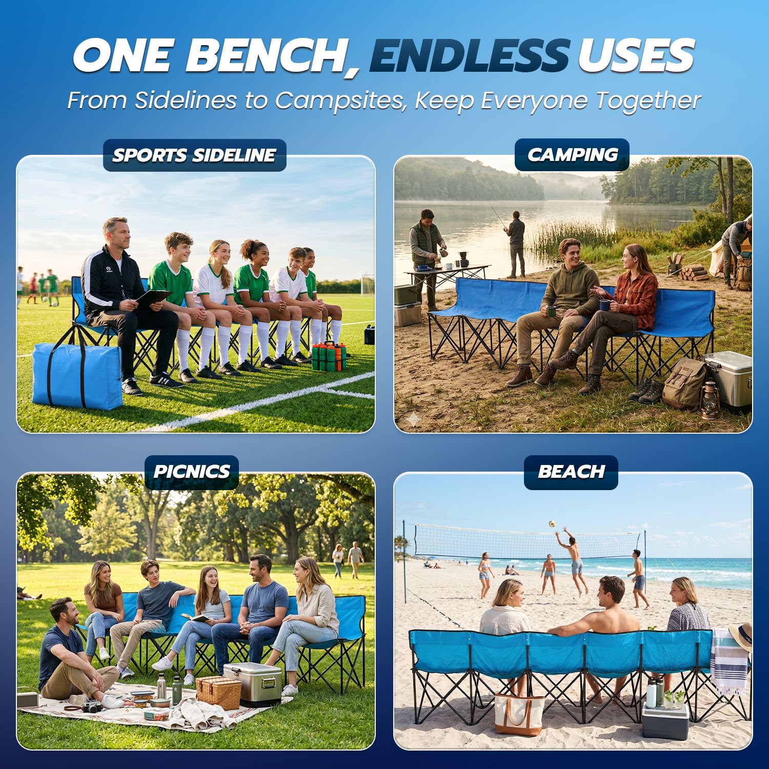Flexzion Banc Pliant Portable 6 Places, Banc de Football Pliable, sièges Portables pour Gradins, Camping et Bord de Touche, avec Dossier et Sac de Transport, Bleu