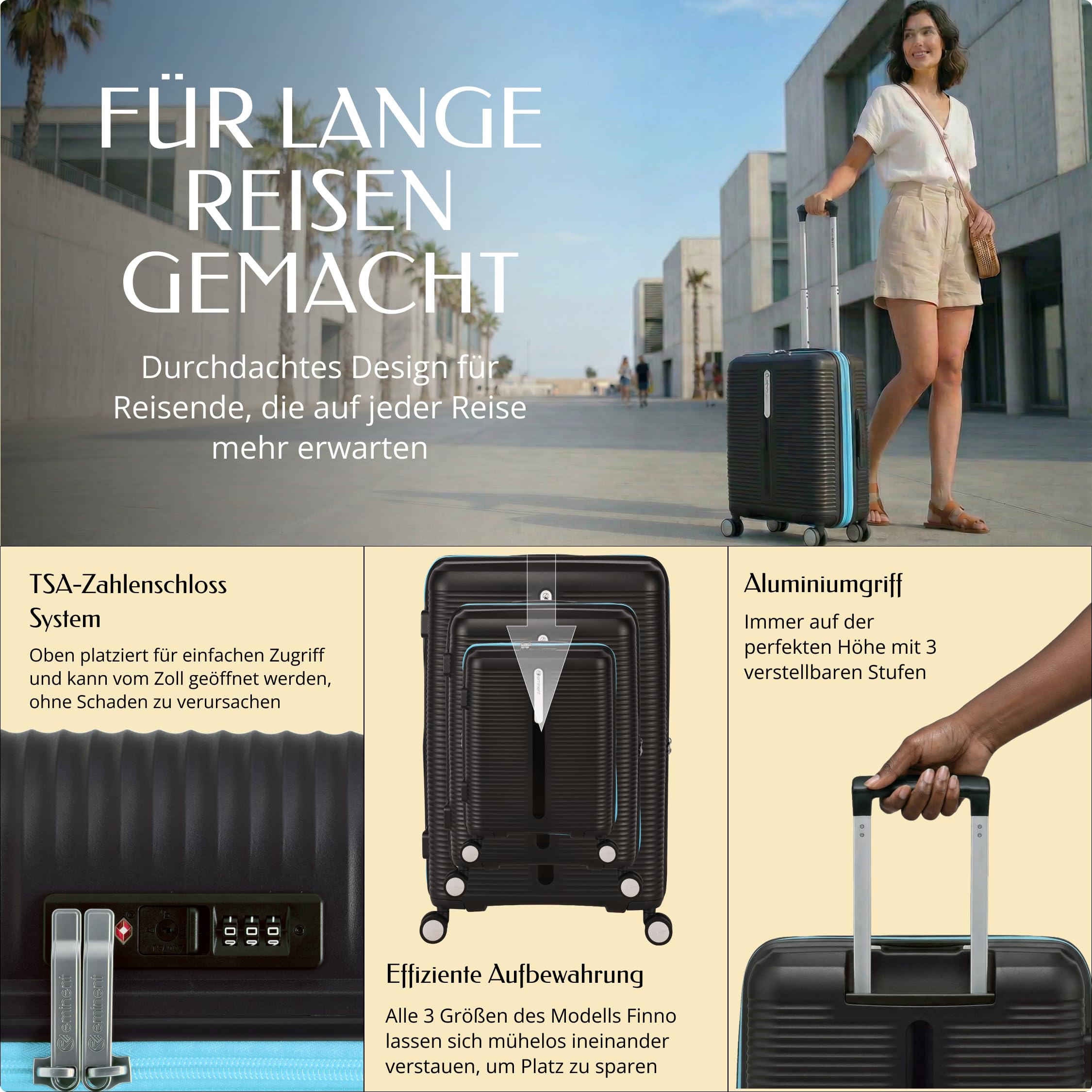 Eminent Finno Handgepäck Koffer 55x40x20, Hartschalenkoffer leicht | 2,5 kg ultraleicht, 39L, erweiterbar 55x40x20 auf 55x40x23, TSA Schloss, 4 Rollen, Kabinentrolley, Polypropylen, Schwarz