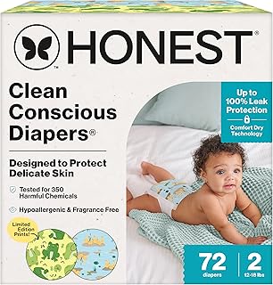The Honest Company Clean Conscious Diapers®, Up to 100% Leak Protection, Designed to Protect Delicate Skin, Hypoallergenic + Fragrance-Free, UR Ribbiting + Waddle It Be, Club Box, Size 2, 72 Count