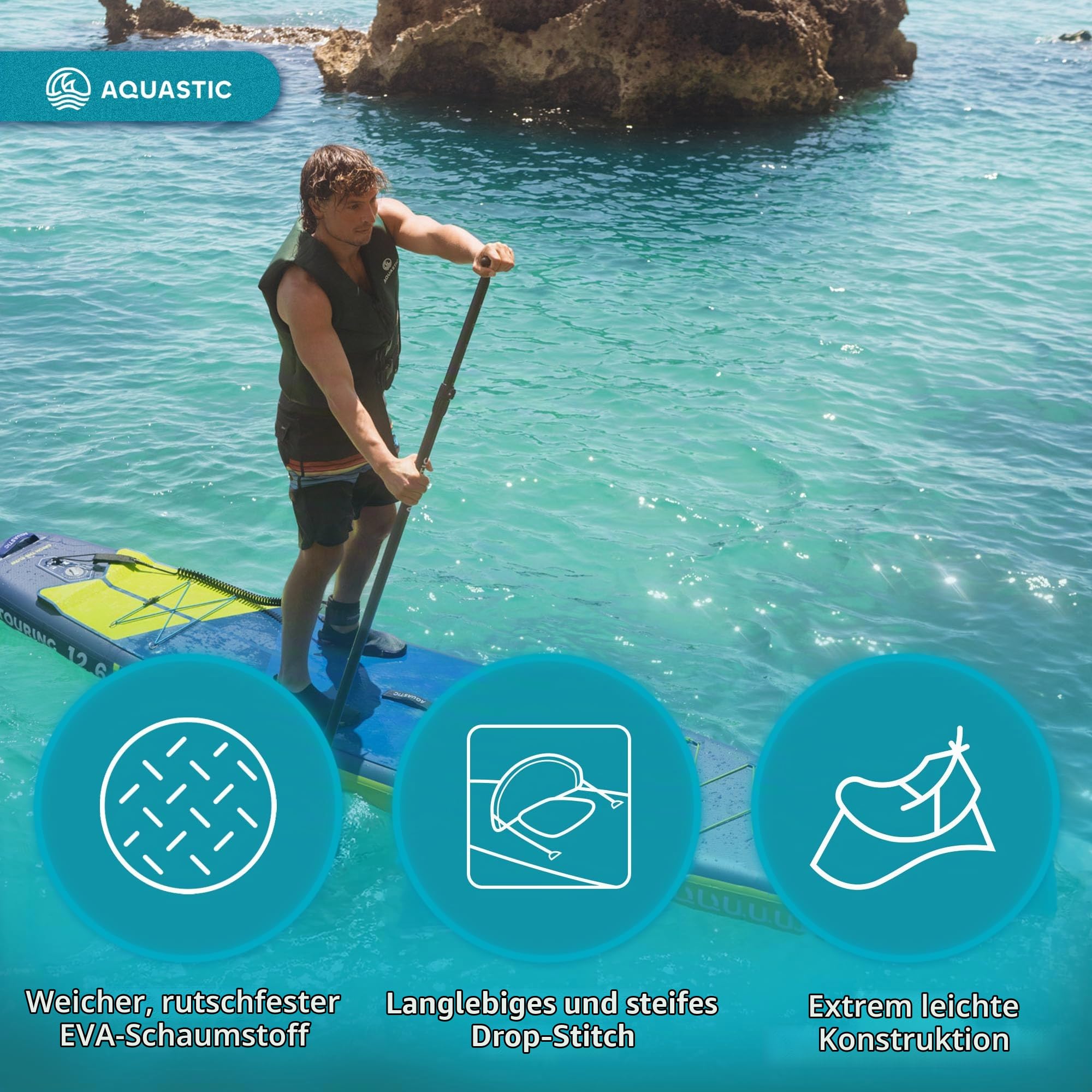 AQUASTIC Touring 12'6" SUP Board Set – Komplettset: 2X 2in1 Paddel, 2 Kajaksitze, Leash, Pumpe, Rucksack, Drop Stitch Lite+, 381x76 cm, 165 kg, Touring, leicht & robust, für Lange Touren