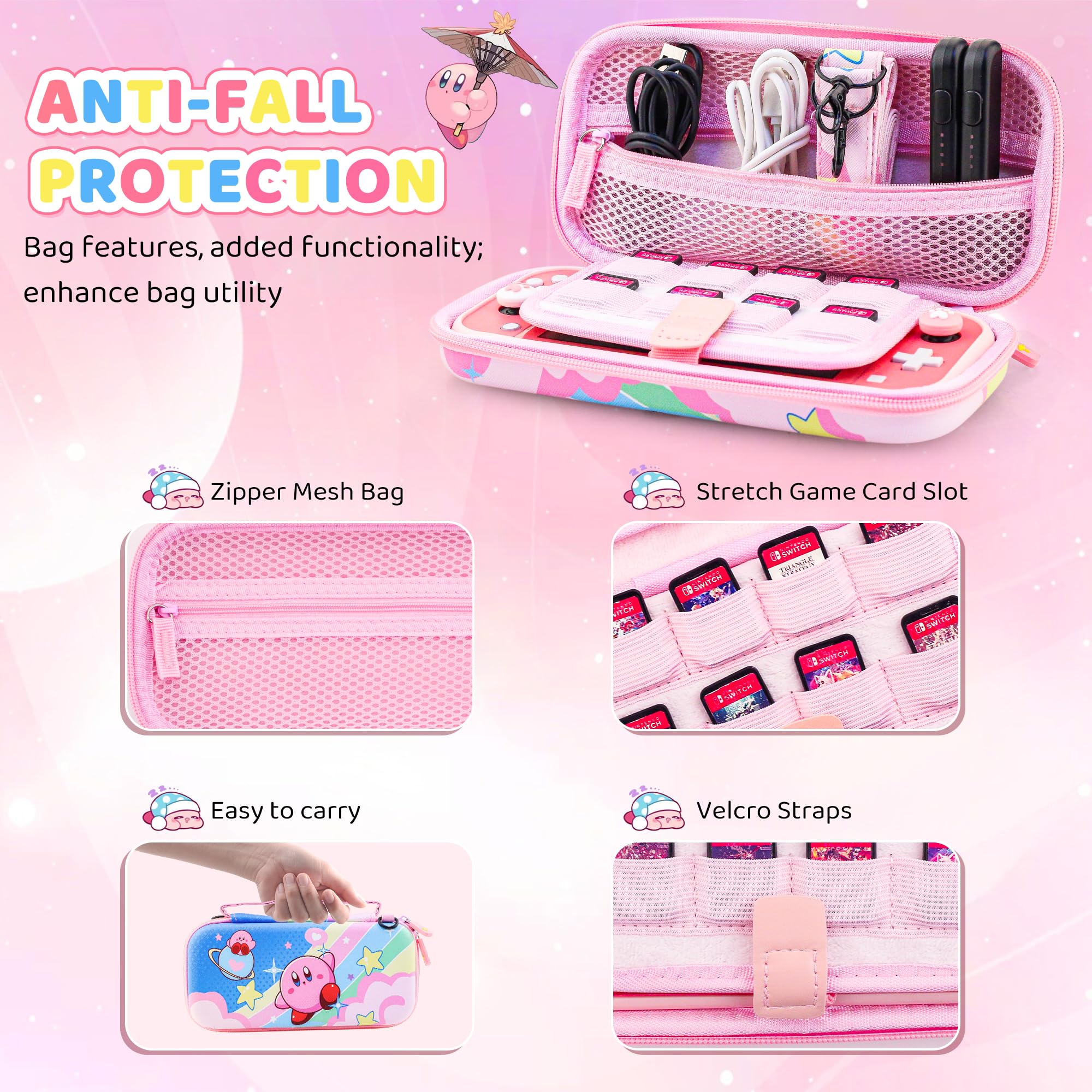 HYPERCASE Kit custodia per Switch Lite con custodia da viaggio rosa per accessori Lite, cover Softshell Switch Lite, pellicola protettiva per schermo HD, tracolla e 2 tappi per pollice Kawaii