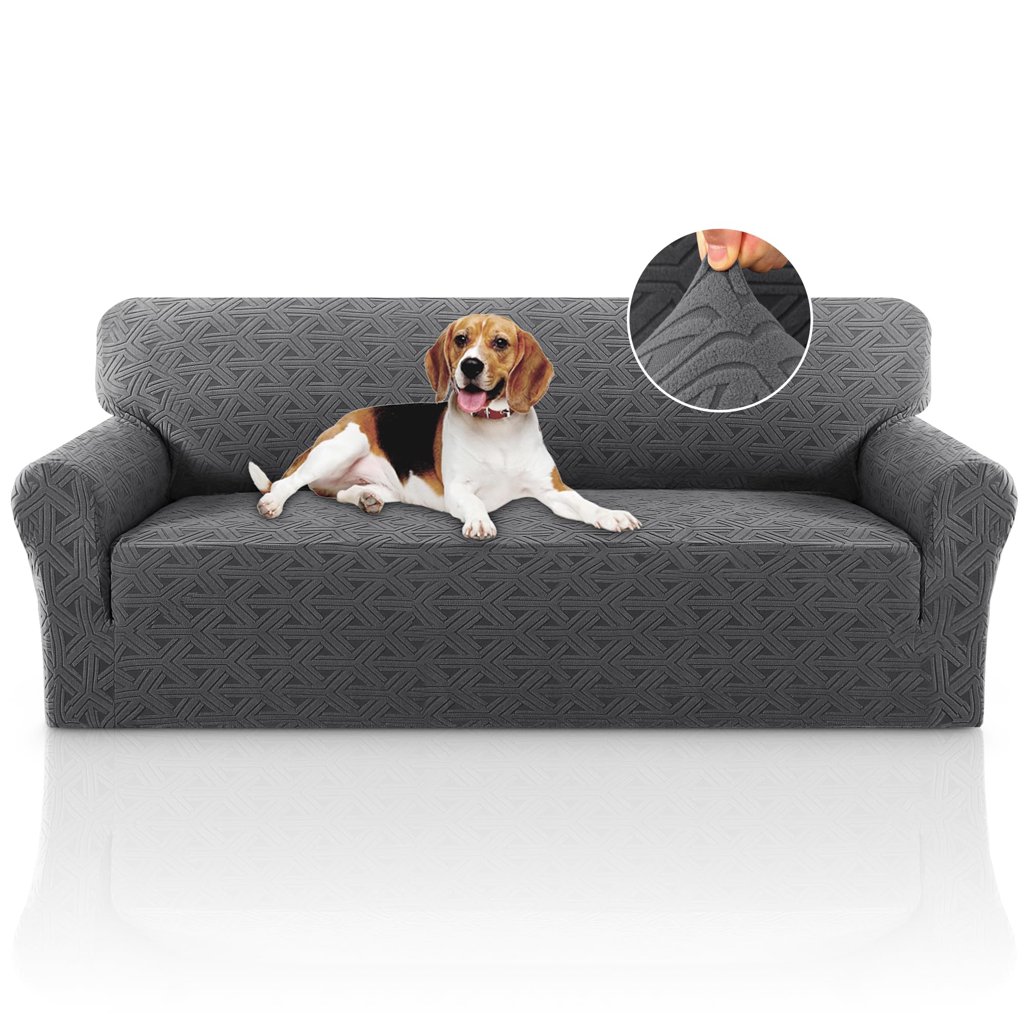 PrinceDeco Jacquard Couch Covers for 3 Cushion Couch 1 Piece Stretch Sofa Covers Furniture Protector Anti-Slip Soft Thickened Dogs Slipcovers Washable Diamond Pattern(Sofa, Grey)