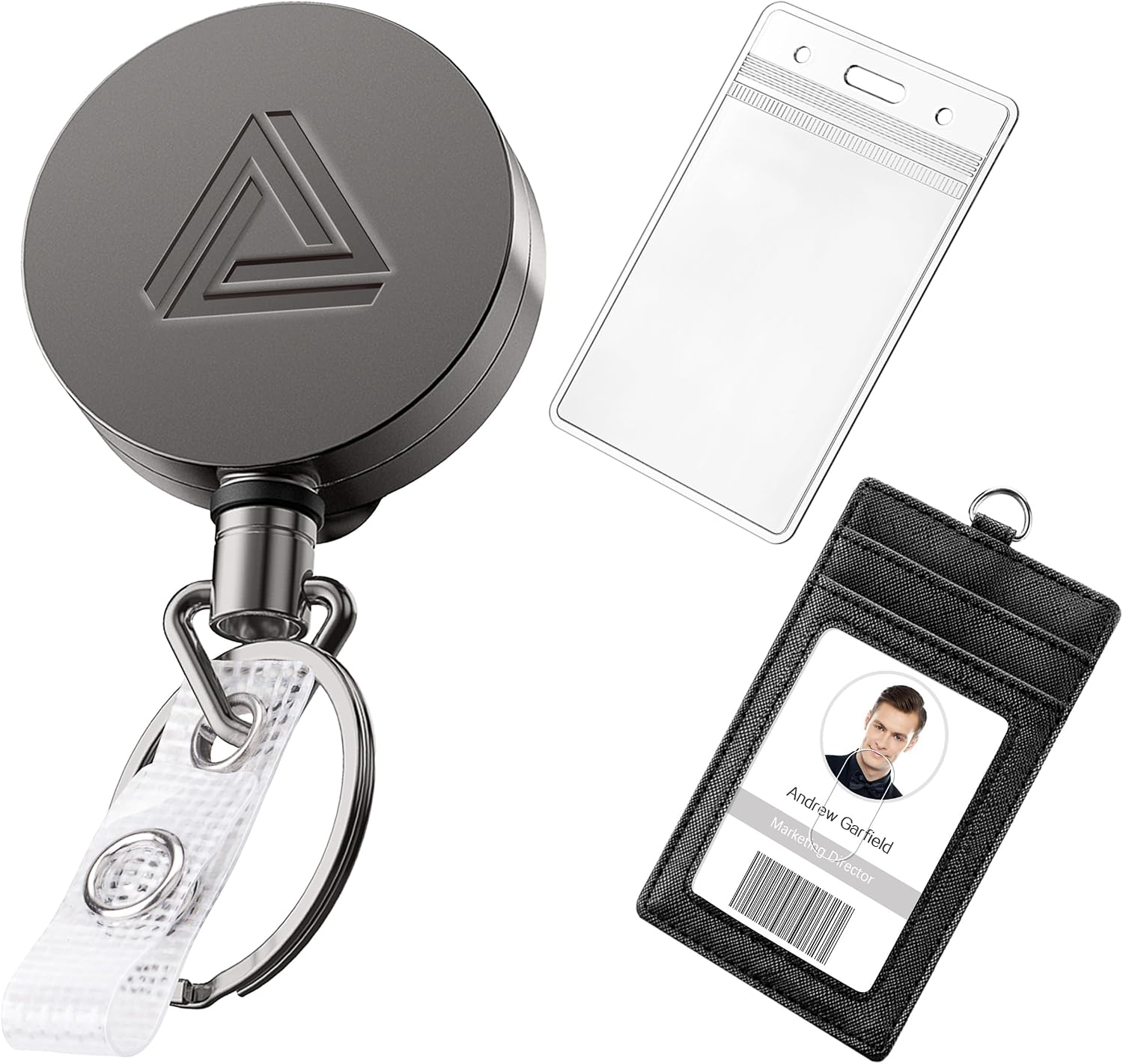 Azrra Retractable Keychain Heavy Duty Badge Holder Reel with 2 ID Holders | Metal Badge Reel with Belt Clip, Key Ring, Clear ID Card Holder and PU Leather Badge Holder, 8oz Pull Force, 30” Strong Cord