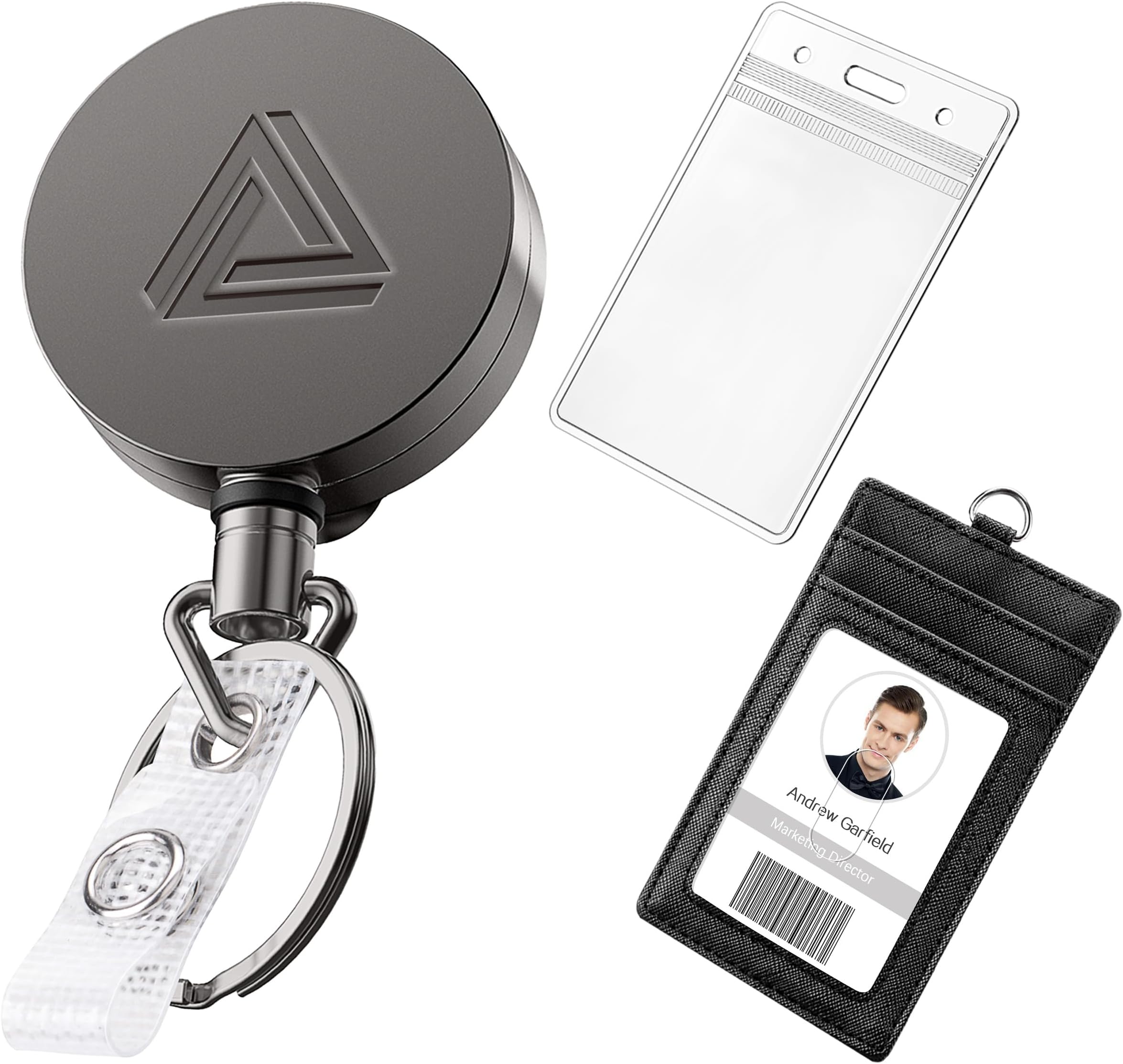 Heavy Duty Metal Retractable Badge Holder Reel with Belt Clip Key Ring, Waterproof Vertical Clear ID Card Holder and PU Leather Badge Holder