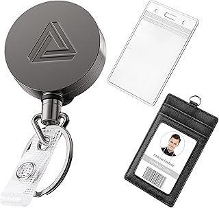 Heavy Duty Metal Retractable Badge Holder Reel with Belt Clip Key Ring, Waterproof Vertical Clear ID Card Holder and PU Leather Badge Holder