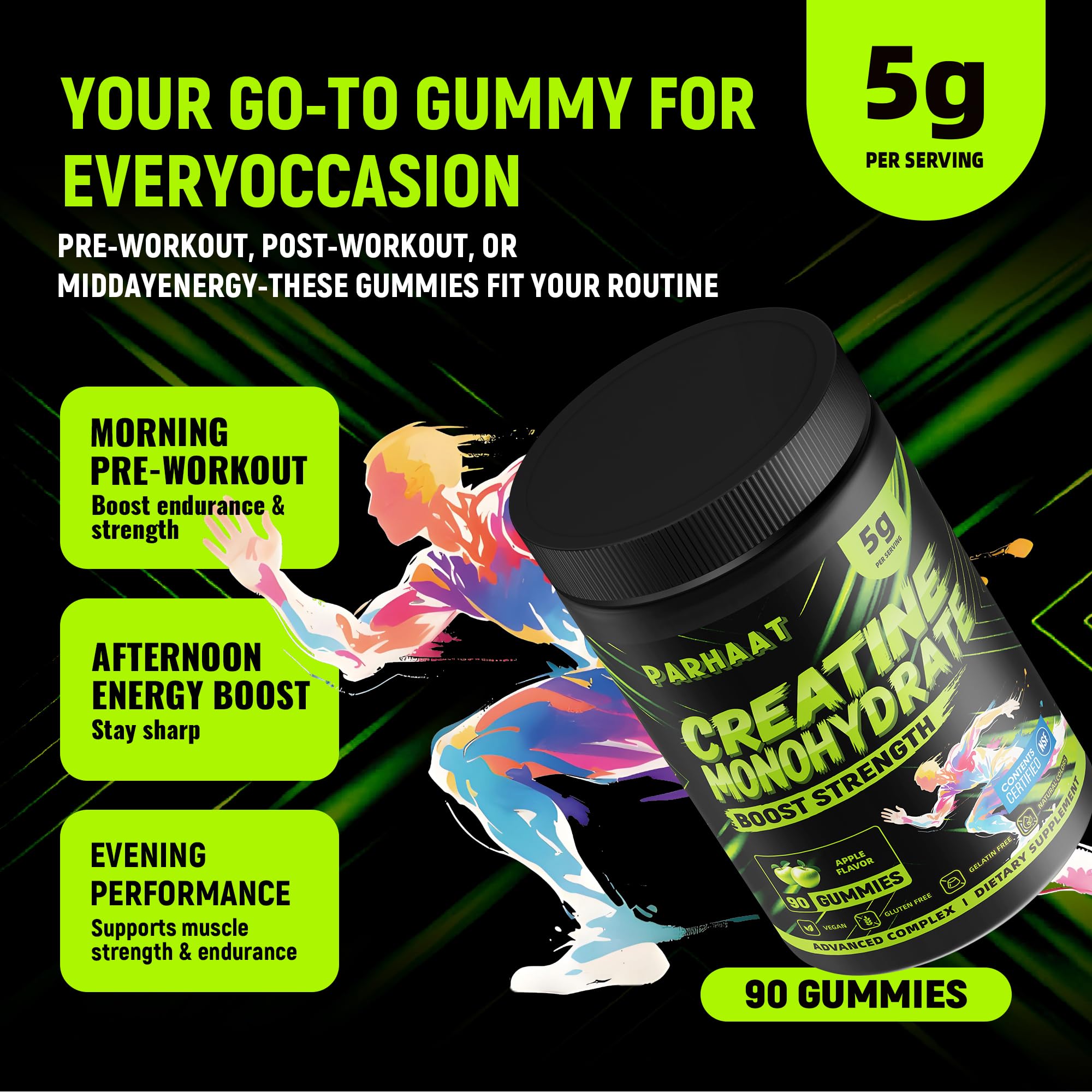 NSF Certified Creatine Gummy - Creatine Monohydrate Gummies 5g for Men & Women - Boost Focus,Strength, and Endurance, Vegan, Gluten-Free, Non-GMO, 2.5 Gram Creatine per Gummy (Apple 90 ct) — Amazon image 9