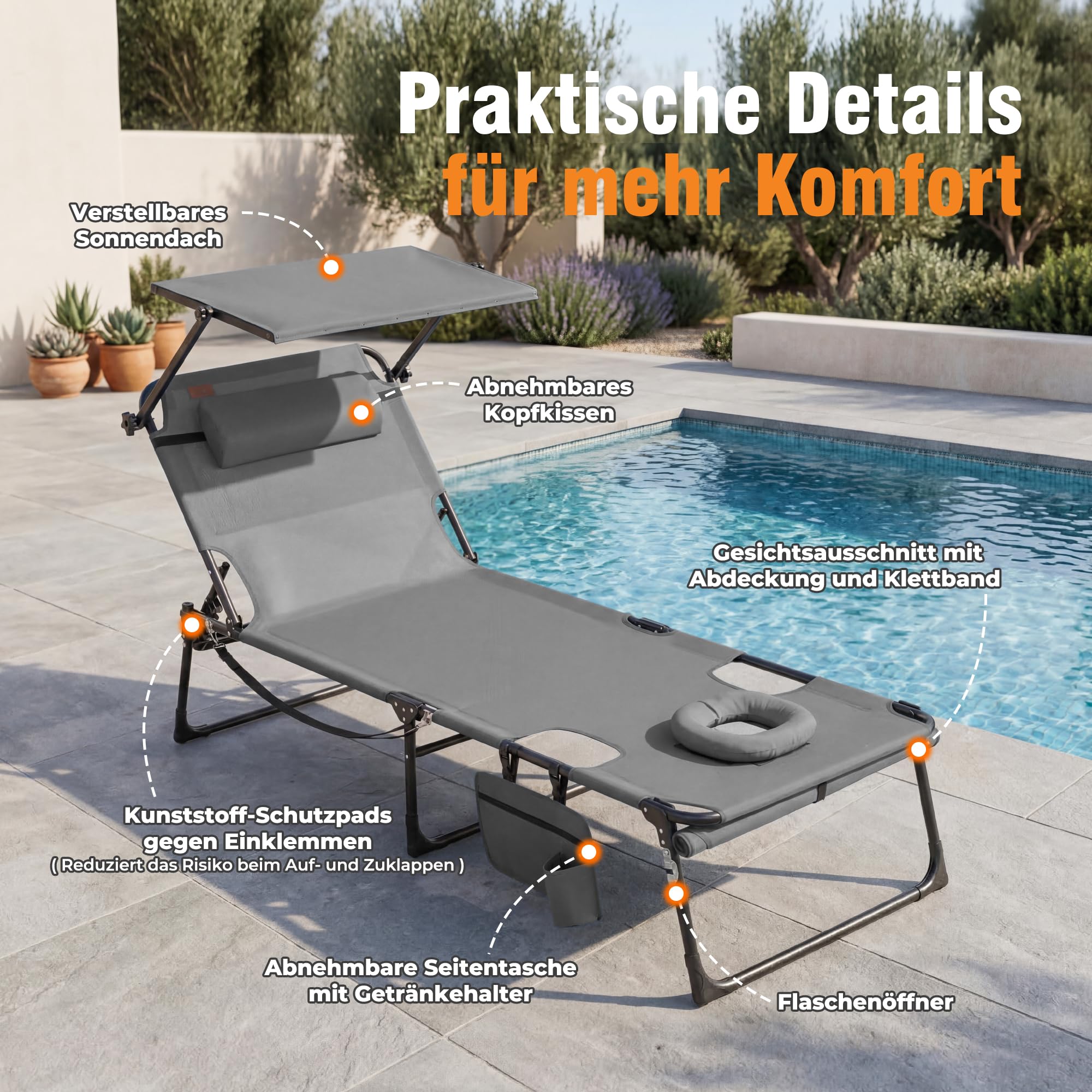 Homecall XXL Sonnenliege mit Gesichtsöffnung & Sonnendach, 200 x 70 cm Gartenliege für Bequeme Bauchlage, klappbarer Liegestuhl mit 4-Fach Verstellbarer Rückenlehne, bis 180 kg (1, Hellgrau)
