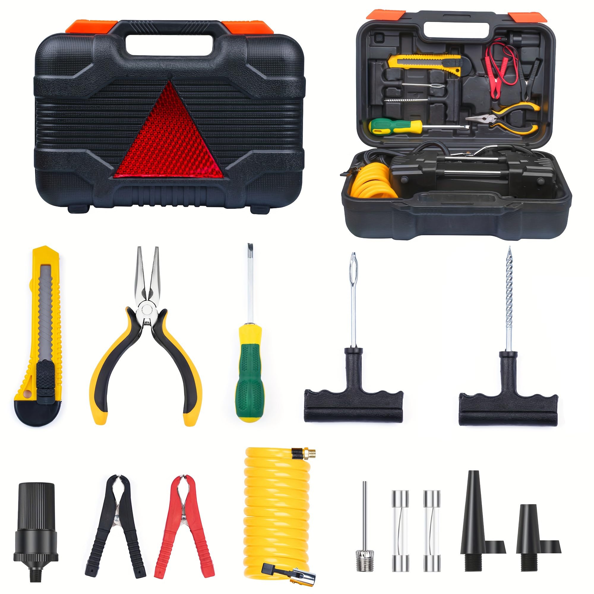 Compressore d'aria a doppio cilindro con kit di riparazione pneumatici e cassetta degli attrezzi, pompa ad aria portatile con display digitale, luce LED, spegnimento automatico, resistente