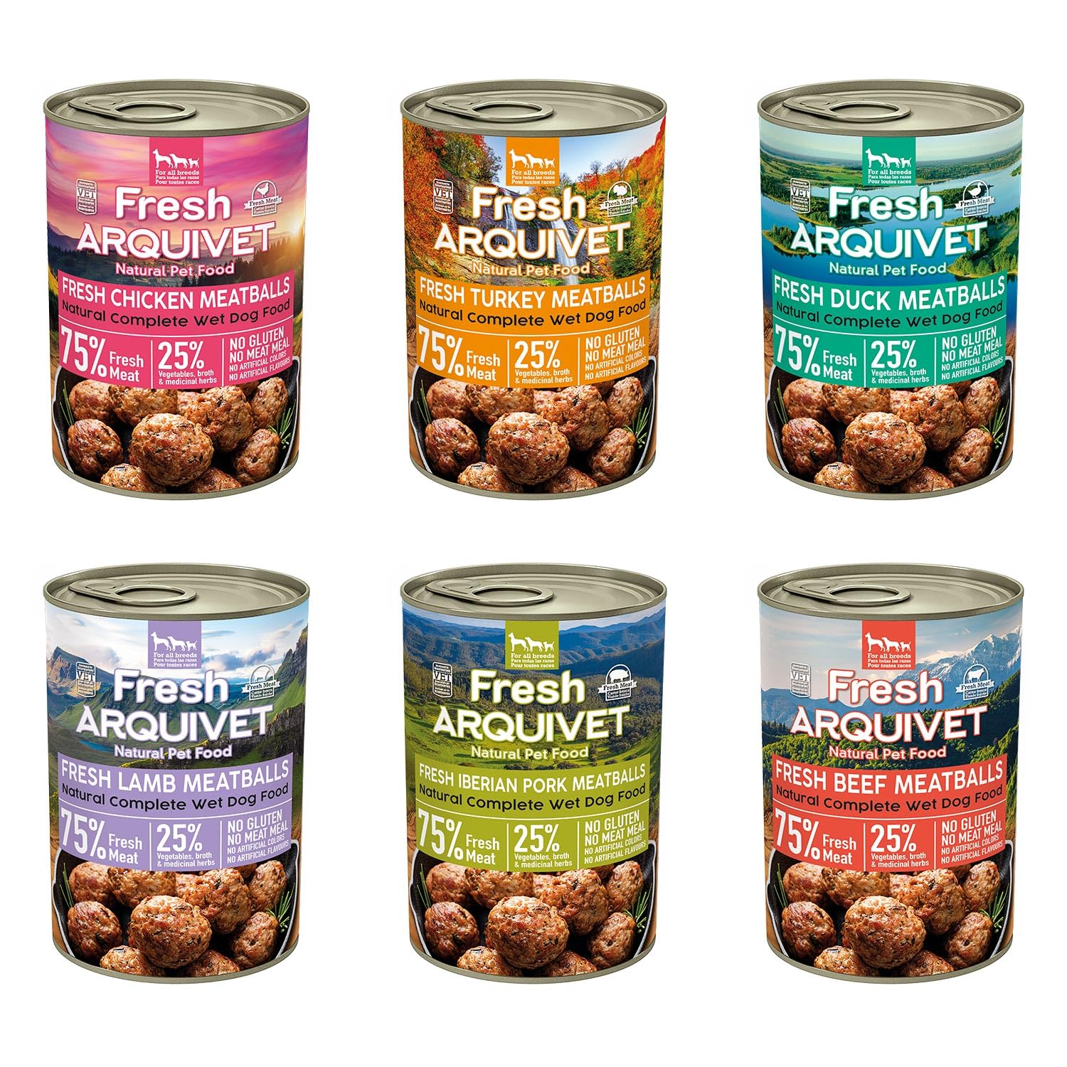 Arquivet - VARIETY PACK 6 units x - 400 g - Arquivet Fresh Meatballs - Chicken, Turkey, Duck, Lamb, Iberian pork and beef - Complete wet food for adult dogs