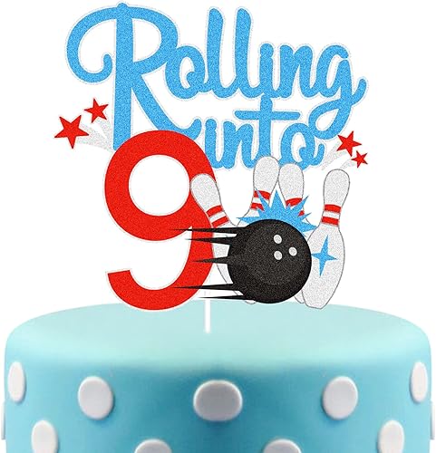 Bowling Rolling Into 9 Happy 9th Birthaday - Decoración para pastel de boliche de 9º cumpleaños con purpurina - Decoración de pastel de boliche de