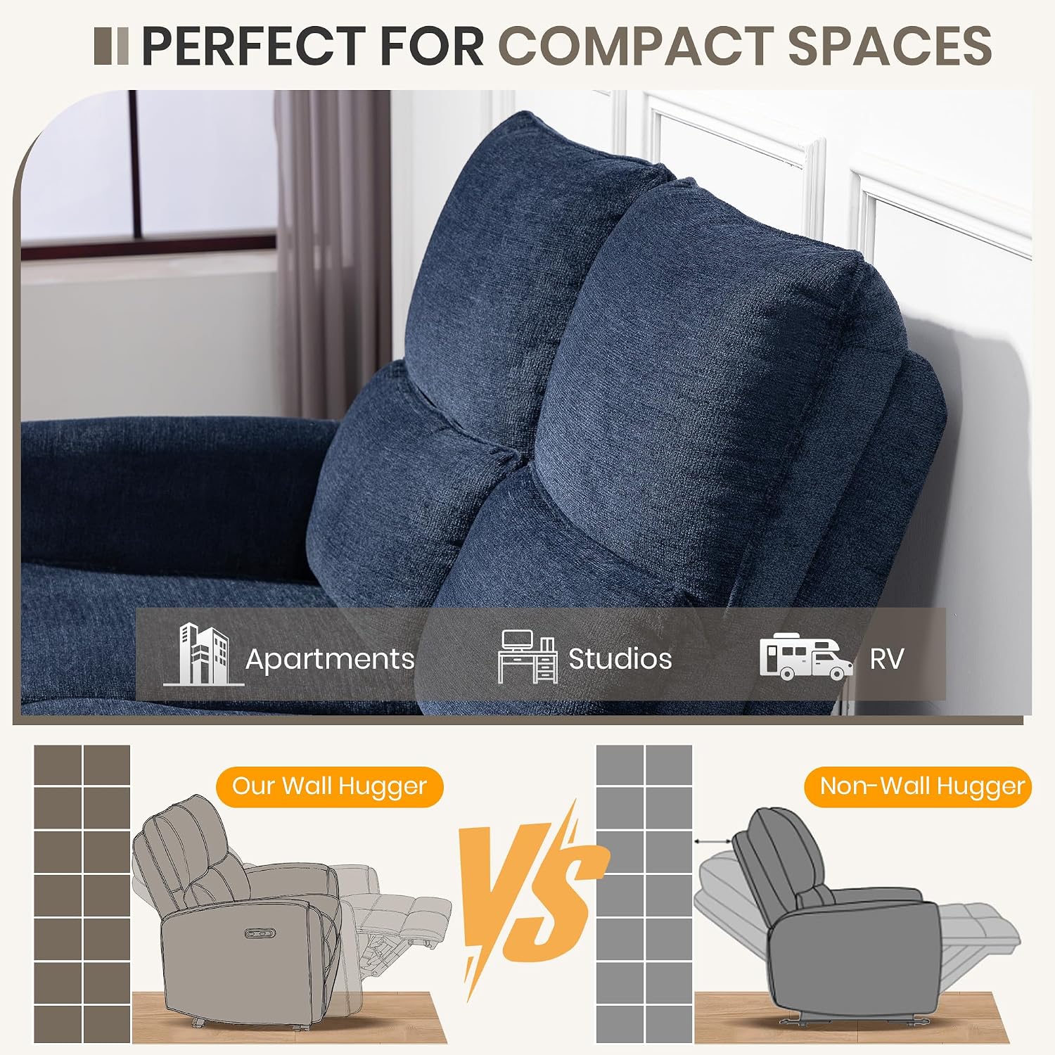 RV Sofa Electric Recliner Loveseat, Zero Wall Hugger Power Reclining Couch with USB & Type-C Ports, 150° Adjustable Double Recliner Sofa for Travel Trailer, Apartment & Home Theater Seating (Blue)