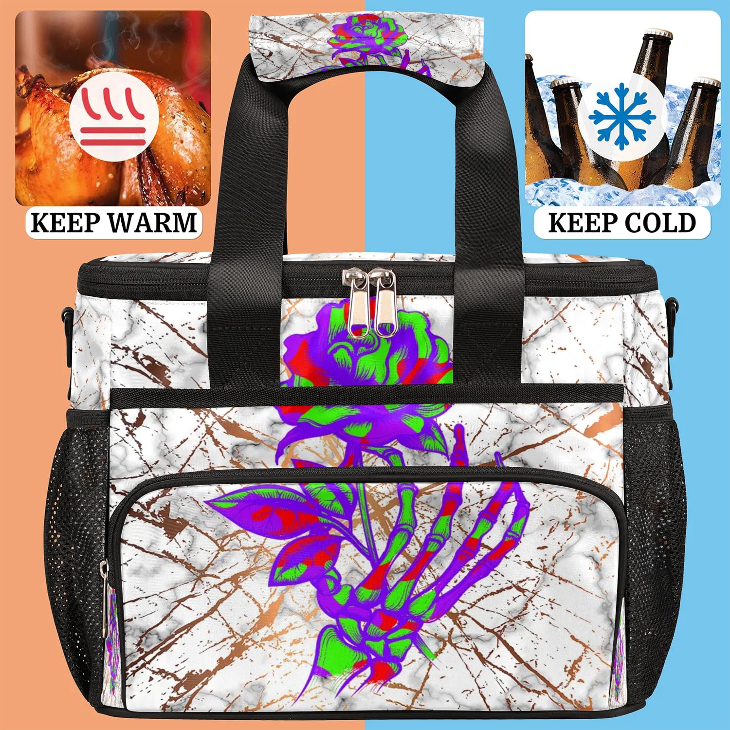 Grand sac à déjeuner isotherme en marbre pour adultes, hommes, femmes, enfants, filles, garçons, motif tête de mort, roses, marbre, sac isotherme pour le travail, le pique-nique, le barbecue