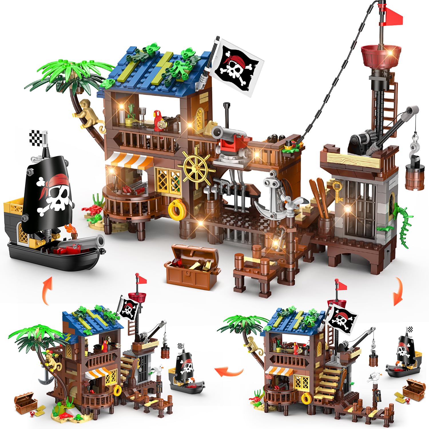 HOGOKIDS Piratenhafen Bauset mit LED, 3 Darstellungsmodi Piratenschiff-Haus-Bauspielzeug, kreatives STEM Konstruktionsspielzeug, Ostergeschenk Geburtstagsgeschenk für Jungen im Alter von 6-12 Jahren