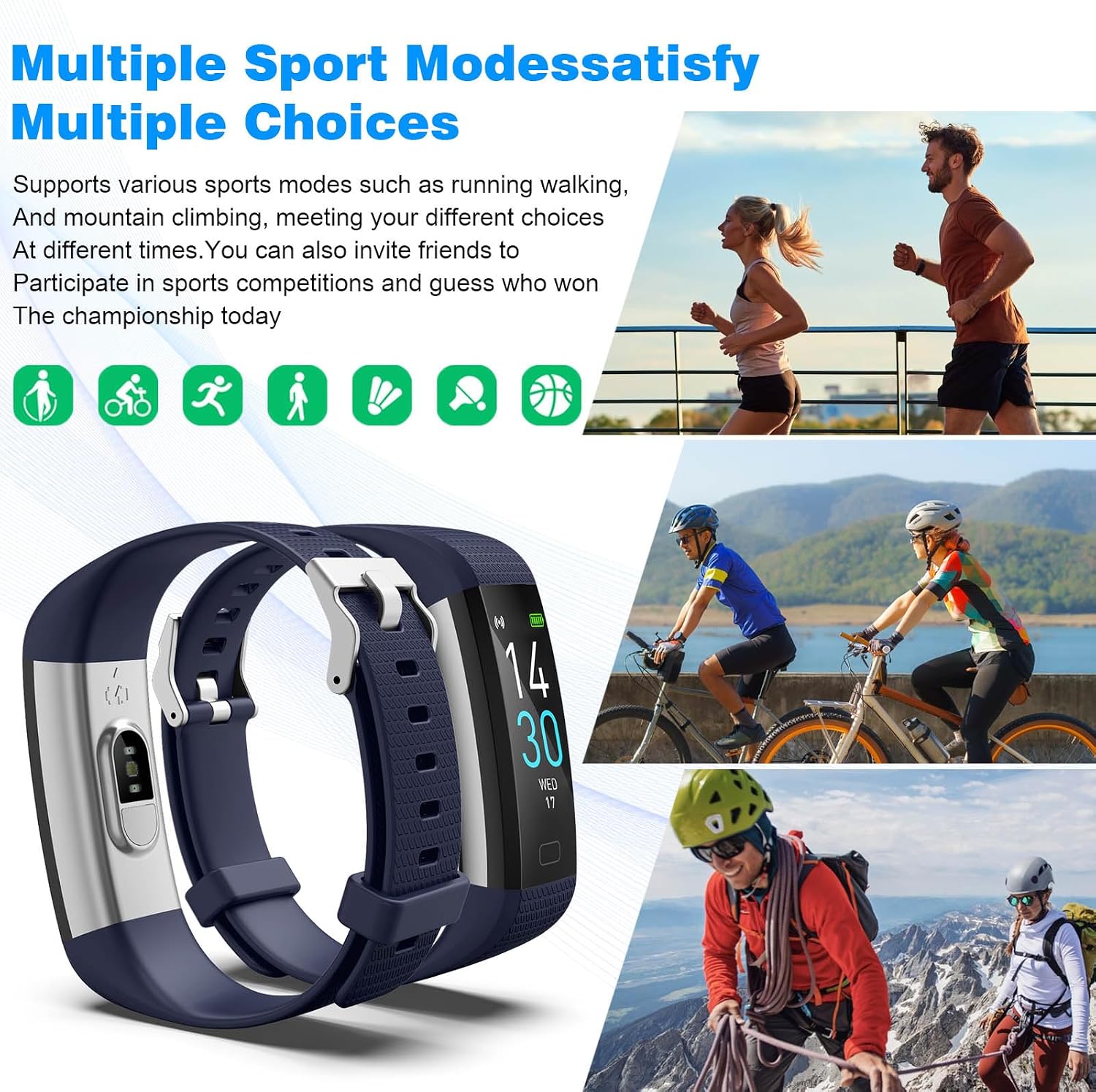 Image showing the RORIOS Sports Smart Bracelet with various sport mode icons and people engaged in different activities like running, cycling, and climbing.