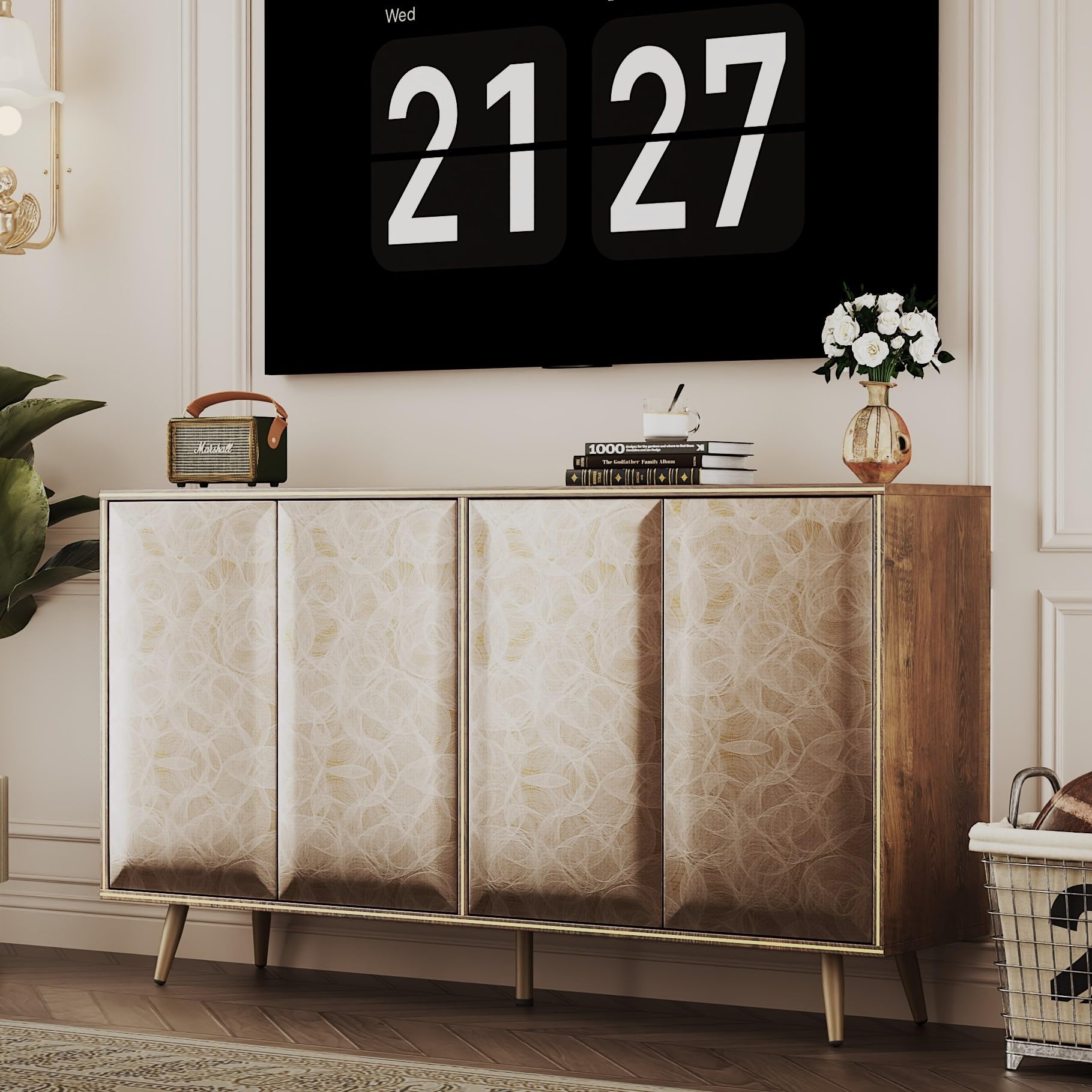 LZLUOB Sideboard Buffet Cabinet with Raised Shaped & Geometric Line Texture Door Panel, Accent Storage Cabinet for Living Room (Cabinet Body- Oak, 4