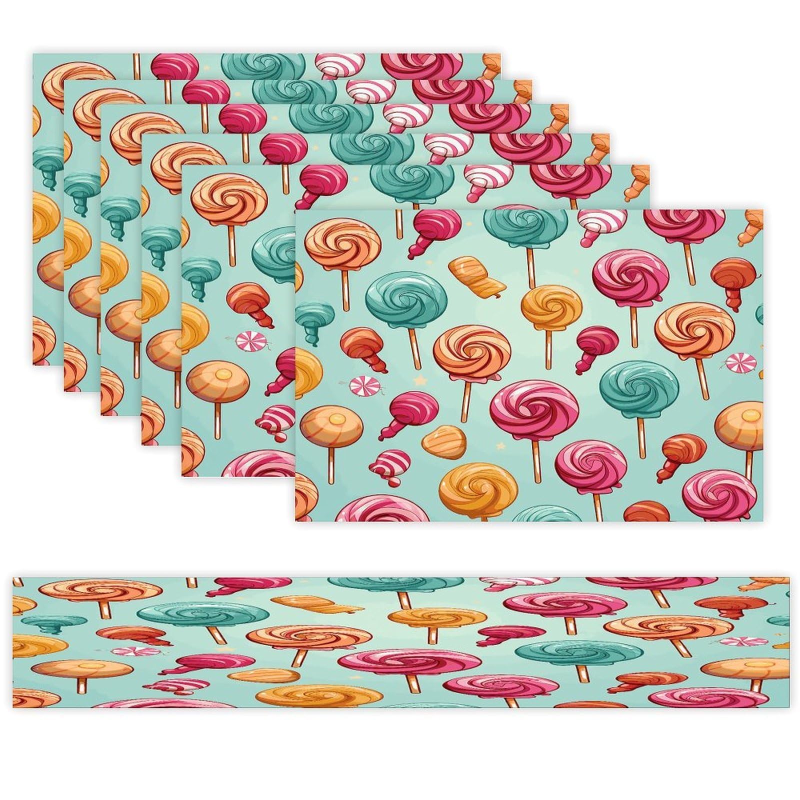 Candy Table Runner and Placemats Set of 6 for Kitchen Washable Table Mats Heat Resistant Place Mats Non-Slip Place Mat Wipeable Placemat(6 Placemats+1 Table Runner)