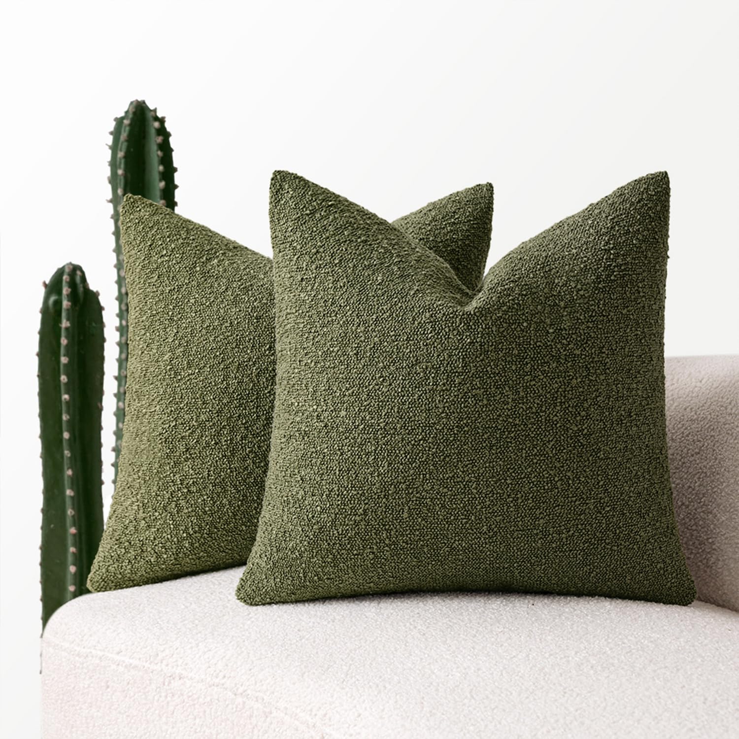 MIULEE Set of 2 Olive Green Throw Pillow Covers 20x20 Inch Decorative Couch Textured Boucle Accent Solid Cases Soft for Spring Cushion Chair Sofa Bedroom Livingroom Home Decor