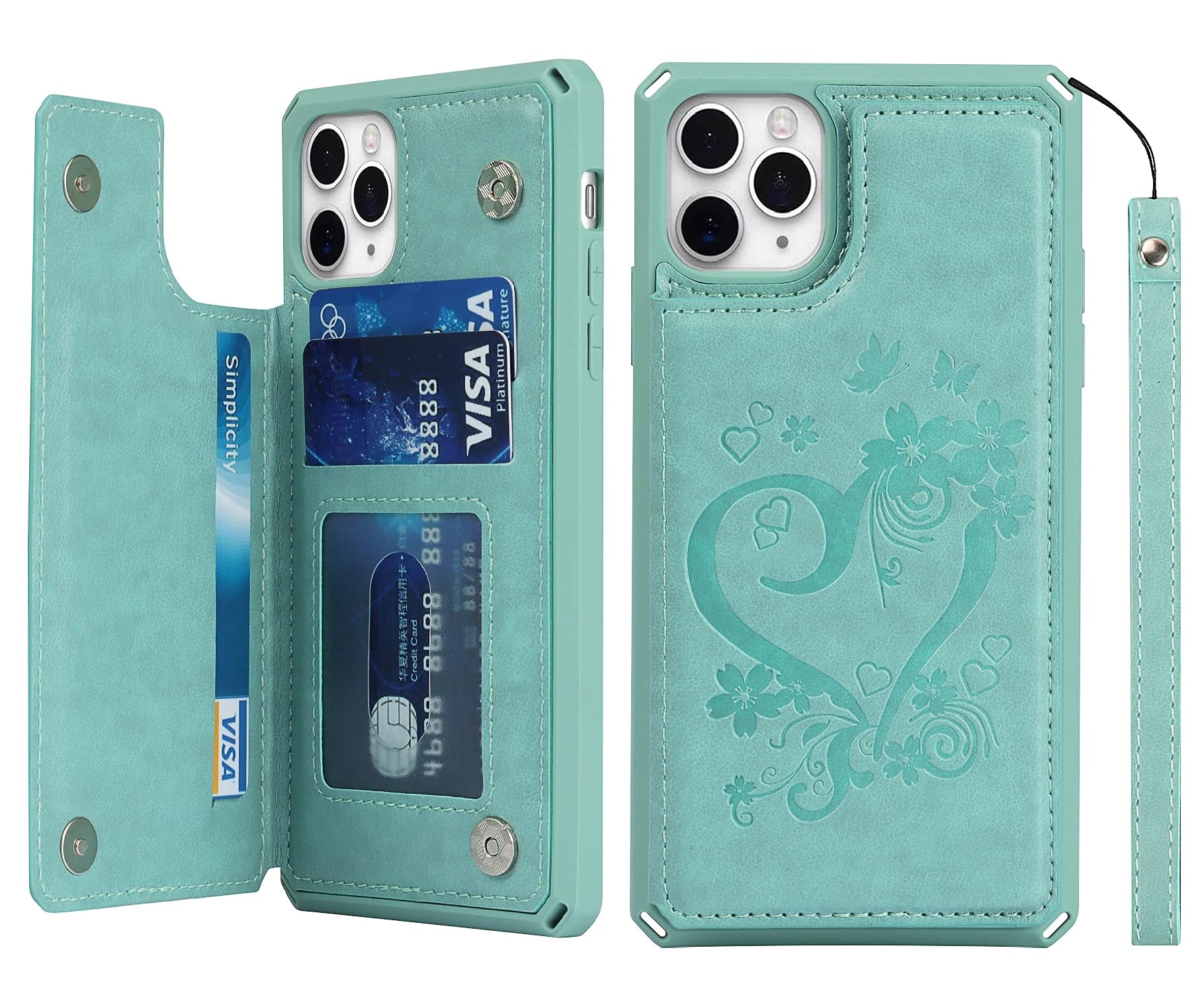 iCoverCase Compatible with iPhone 11 Pro Max Wallet Phone Case with Card Holder for Women, RFID Blocking Embossed PU Leather Wrist Strap Case for