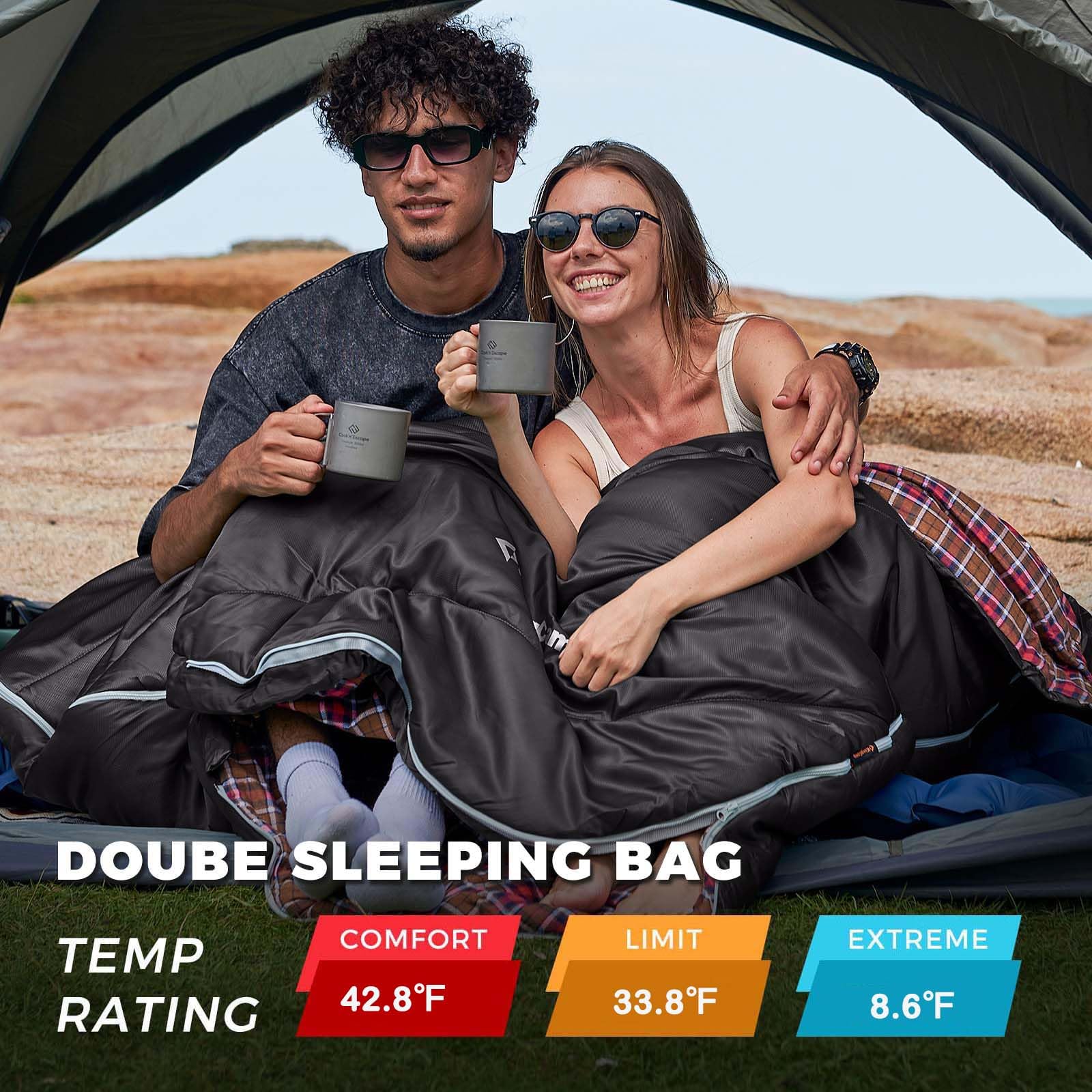 KingCamp Sac de couchage double pour adultes, grand lit, 2 personnes, sac de couchage en flanelle, léger, imperméable, avec 2 oreillers et sac de compression pour couples et famille, camping, gris
