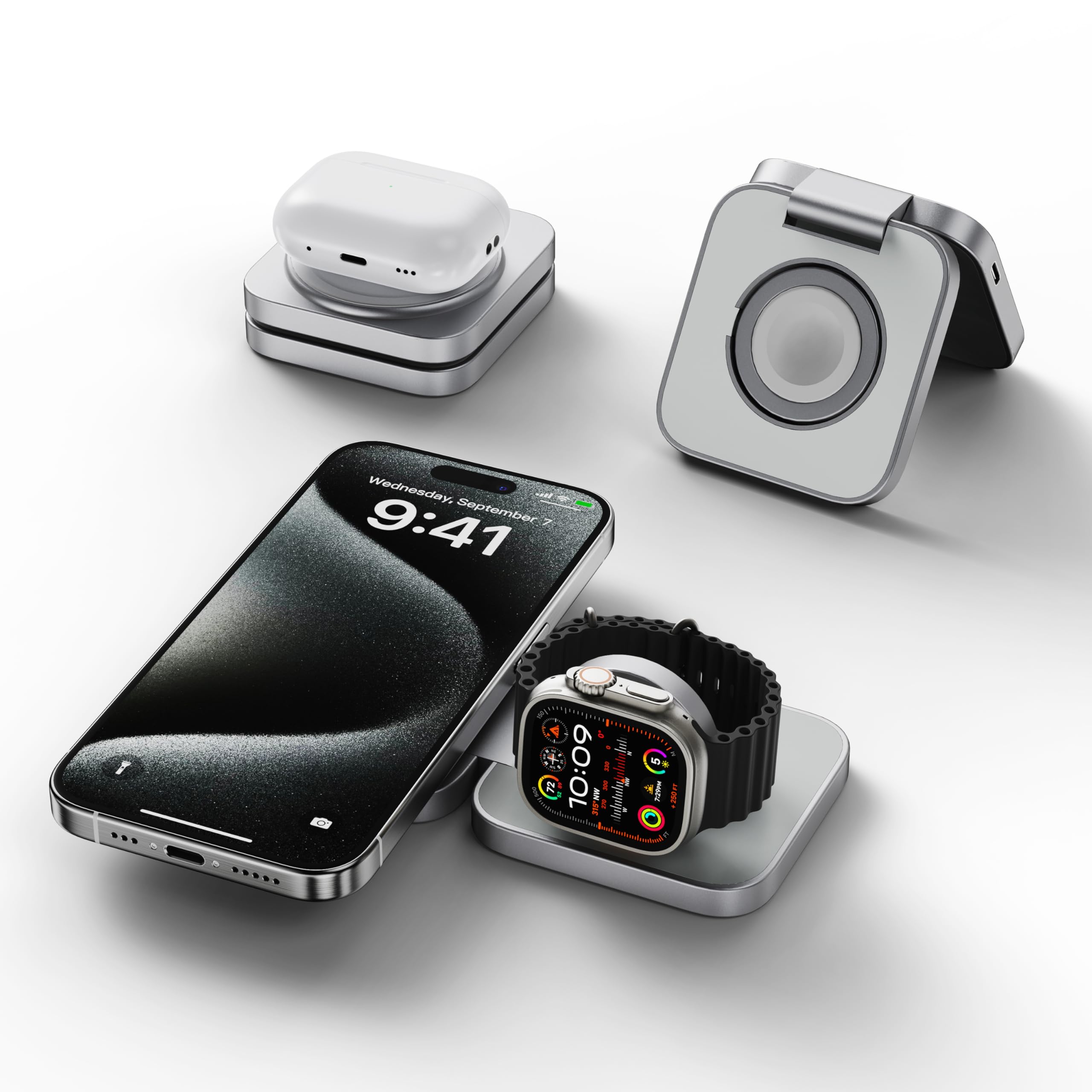 Sponsored Ad - LULULOOK Foldable Wireless Charger for iPhone, 2 in 1 Portable Charging Pad Fast Charging for 16/15/14/13/12 Series, 5W Aluminum Fast Charging for AirPods and iWatch, Silver