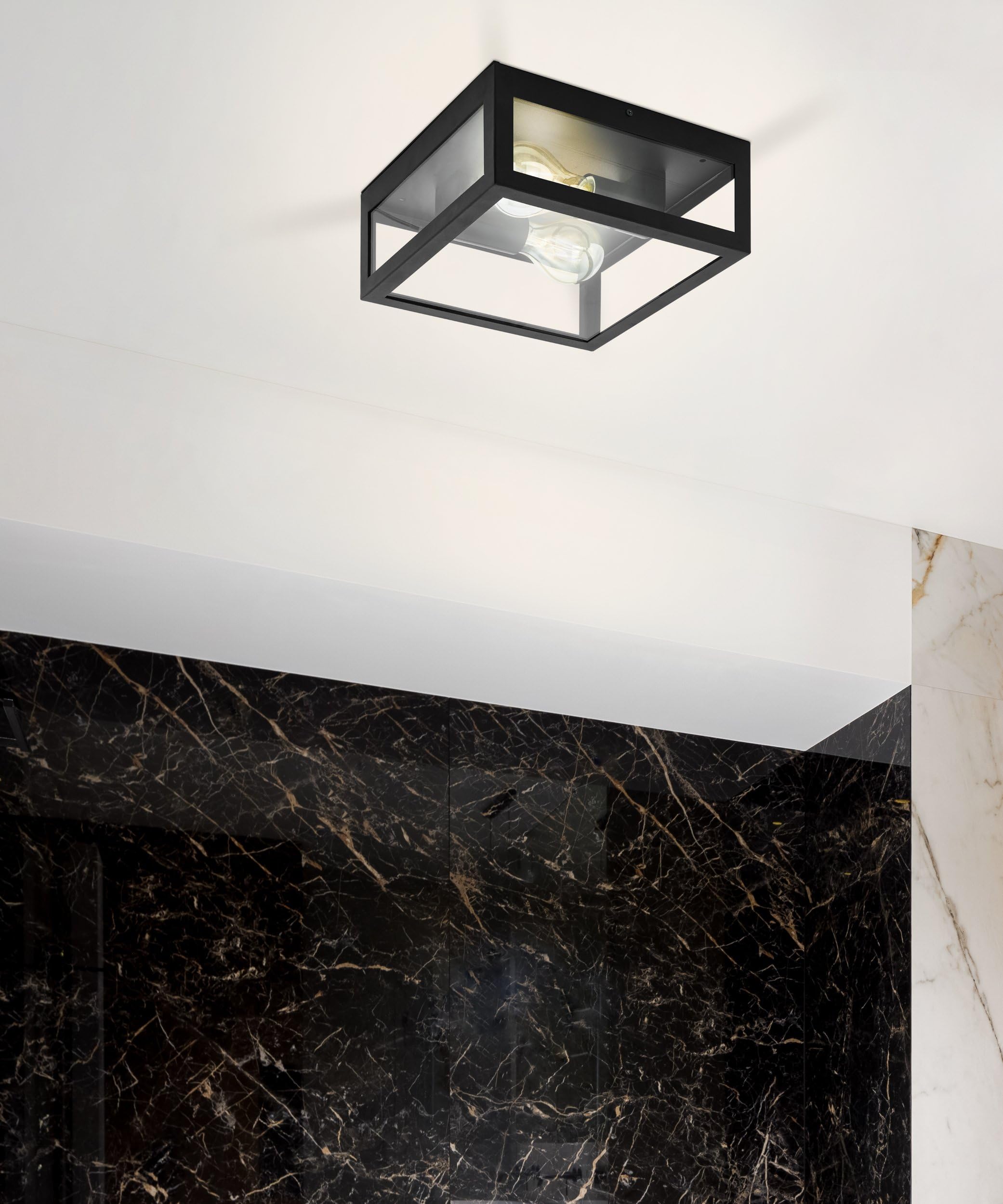 Eglo Amezola Lámpara de techo de 2 focos, aplique de baño estilo industrial, vintage, acero y cristal, negro, transparente, casquillo E27, IP44
