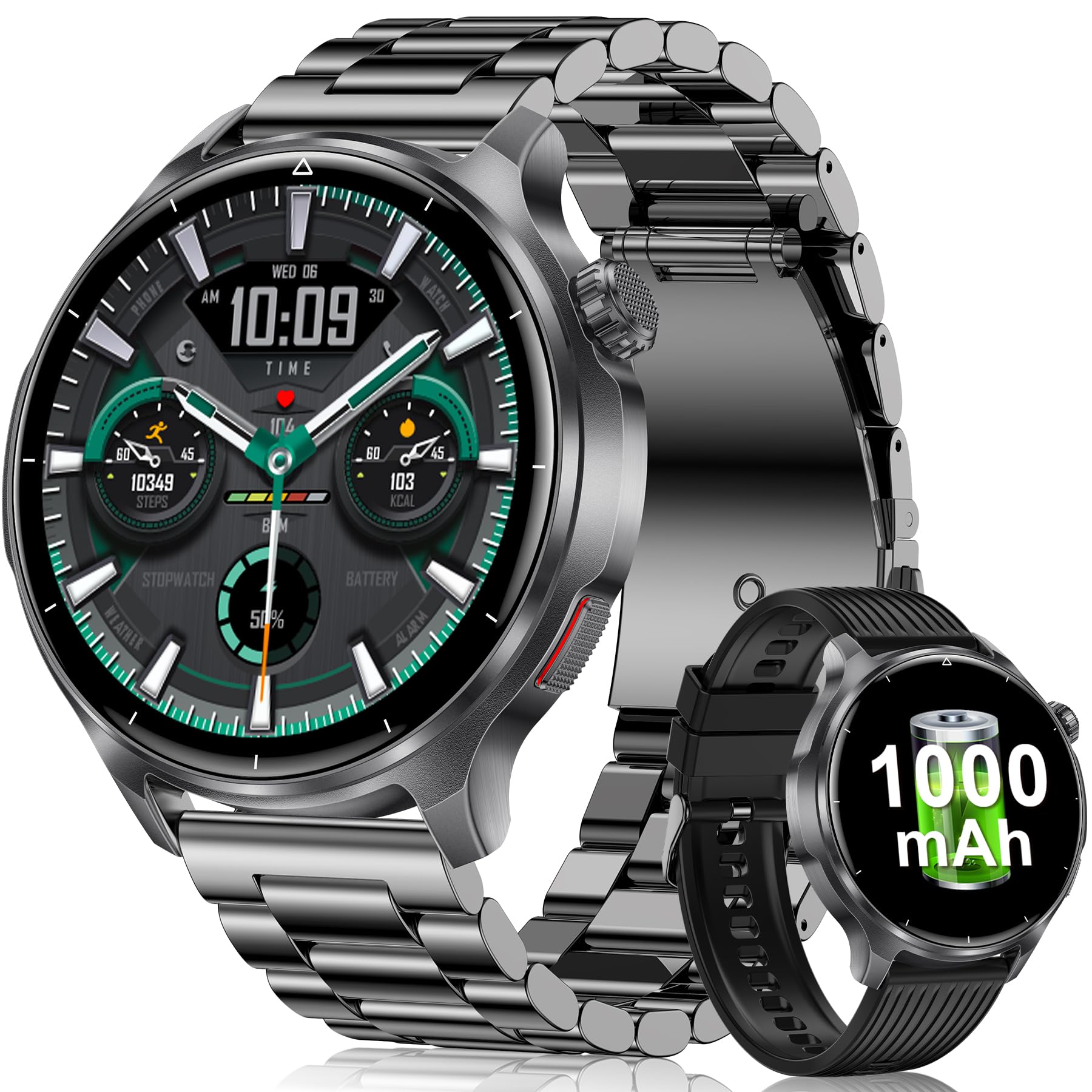 Reloj Inteligente Militar Hombre–BaterÃa de 1000 mAh, Pantalla HD de 1,52'', Smartwatch con 120+ Modos Deportivos, Resistente al Agua IP68, Frecuencia CardÃaca, Monitoreo del Sueño, Android iOS, Negro