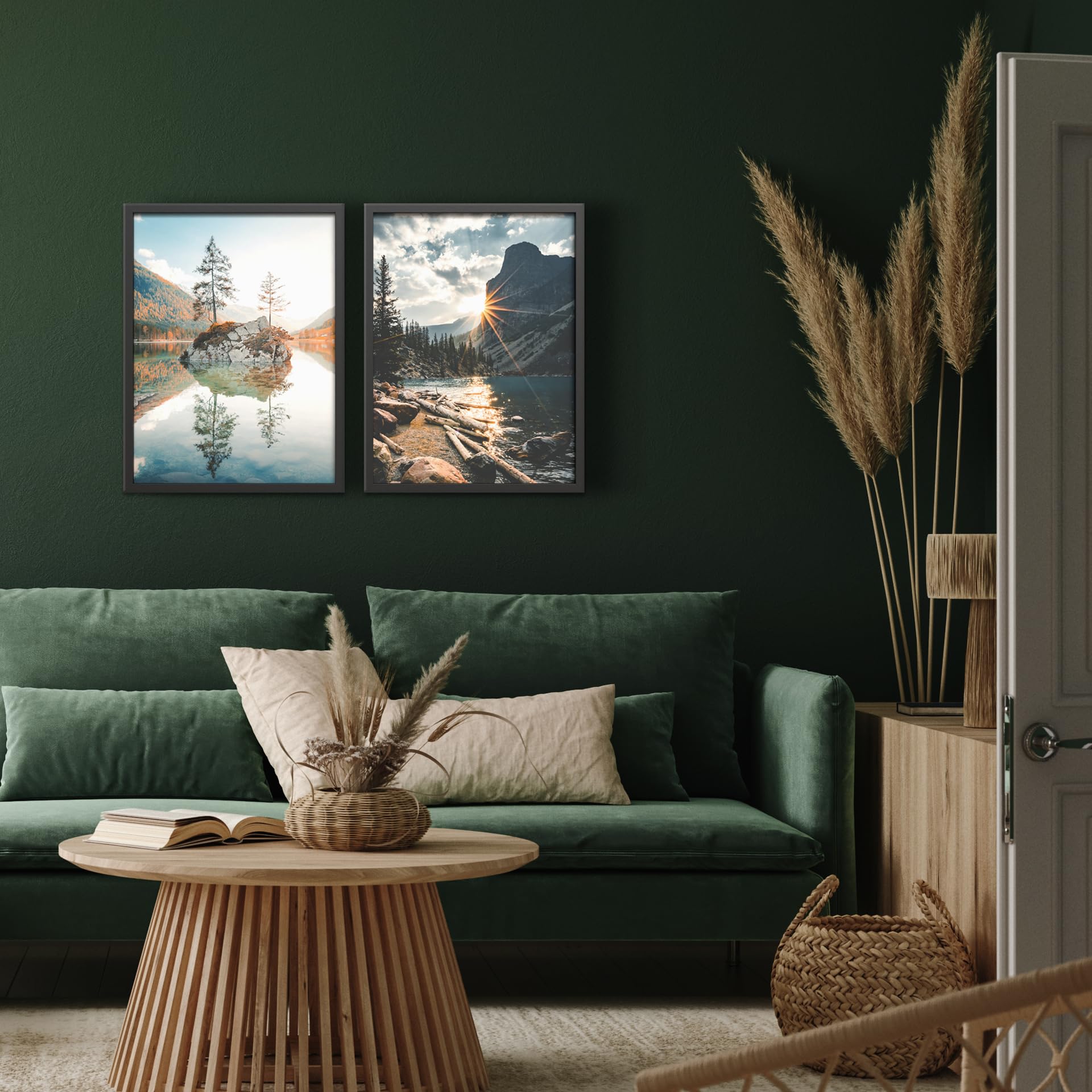 STYLER Lot de 2 images 30 x 40 cm (prêt à suspendre) avec cadre de qualité supérieure - Paysages naturels pour salon et chambre à coucher - Rivière, lac, paysage naturel, montagnes