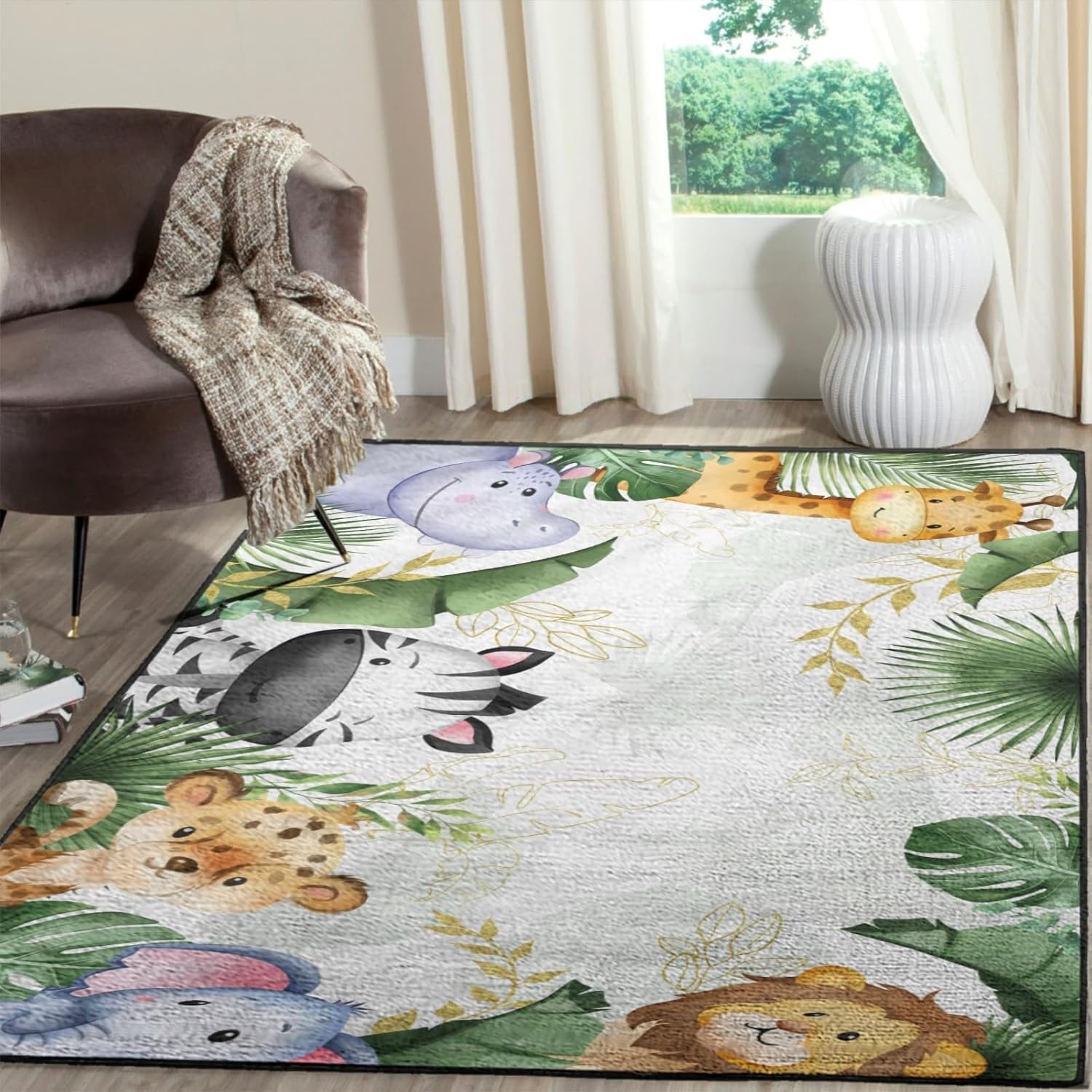 Tropical Jungle Safari Animals Leaves Area Rugs Lion Elephant Giraffe Hippo Zebra Green Leaves Floor Mats Baby Animals Throw Carpets for Toddler Nursery Bedroom Living Room Bathroom Playmat 20x32inch