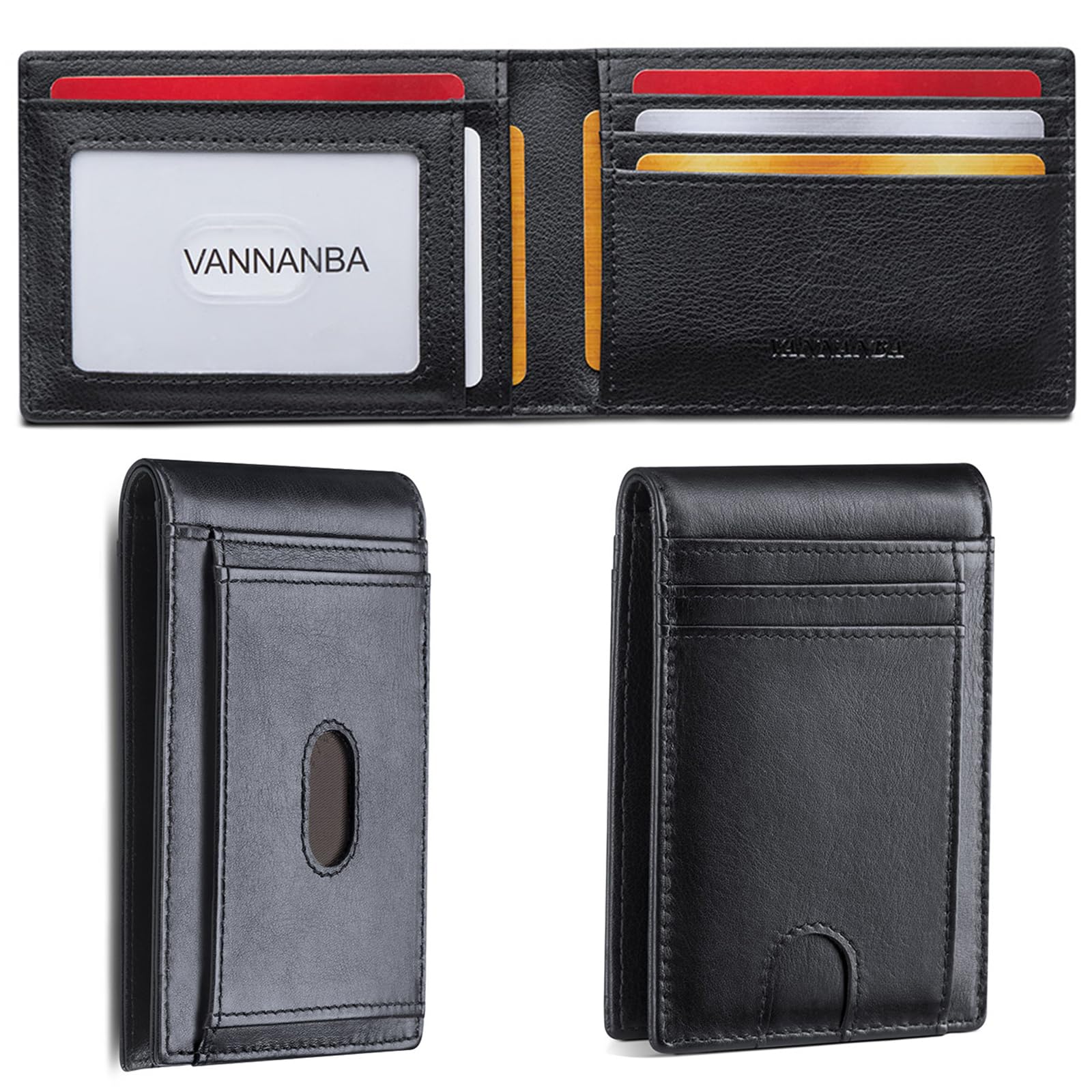 VANNANBA Slim Wallets for Men Leather 14 Card Slots + 1 ID Window, Mens Wallet RFID Blocking Front Pocket Bifold Wallet Thin Credit Card Holder with