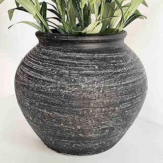 10'' Handmade Clay Black Rustic Textured Vase，Rustic Round Black Terraco...