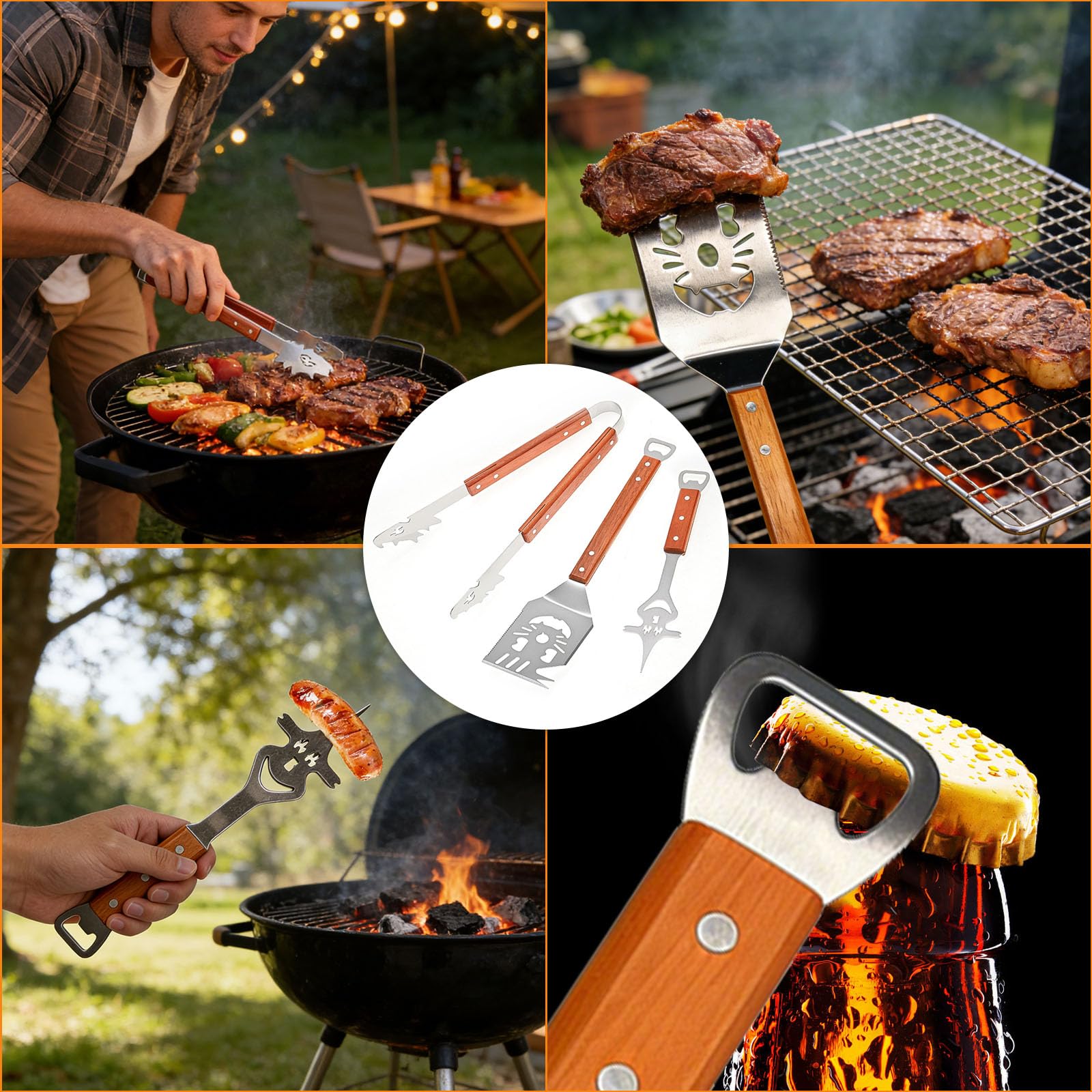 Ensemble d'Ustensiles de Barbecue Extra Longs en Acier INOX avec Poignée en Bois
