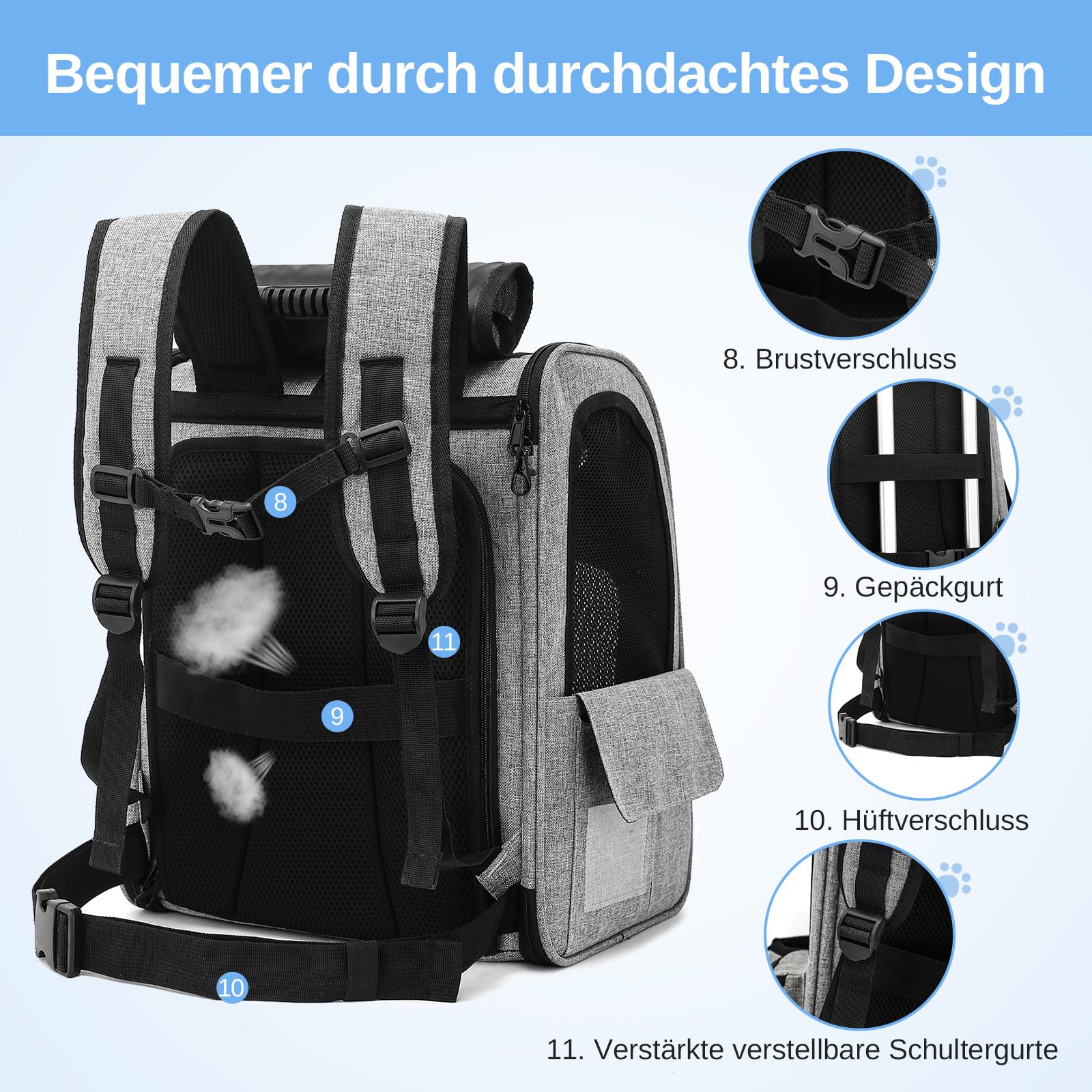 Erweiterbar Katzenrucksack mit Netzfenster, Tragbare und Faltbare Haustier Rucksack mit Innerer Sicherheitsleine und Haustierunterlage für Katzen Hunde bis 17 lbs (8 kg) Wandern, Walken (Grau)