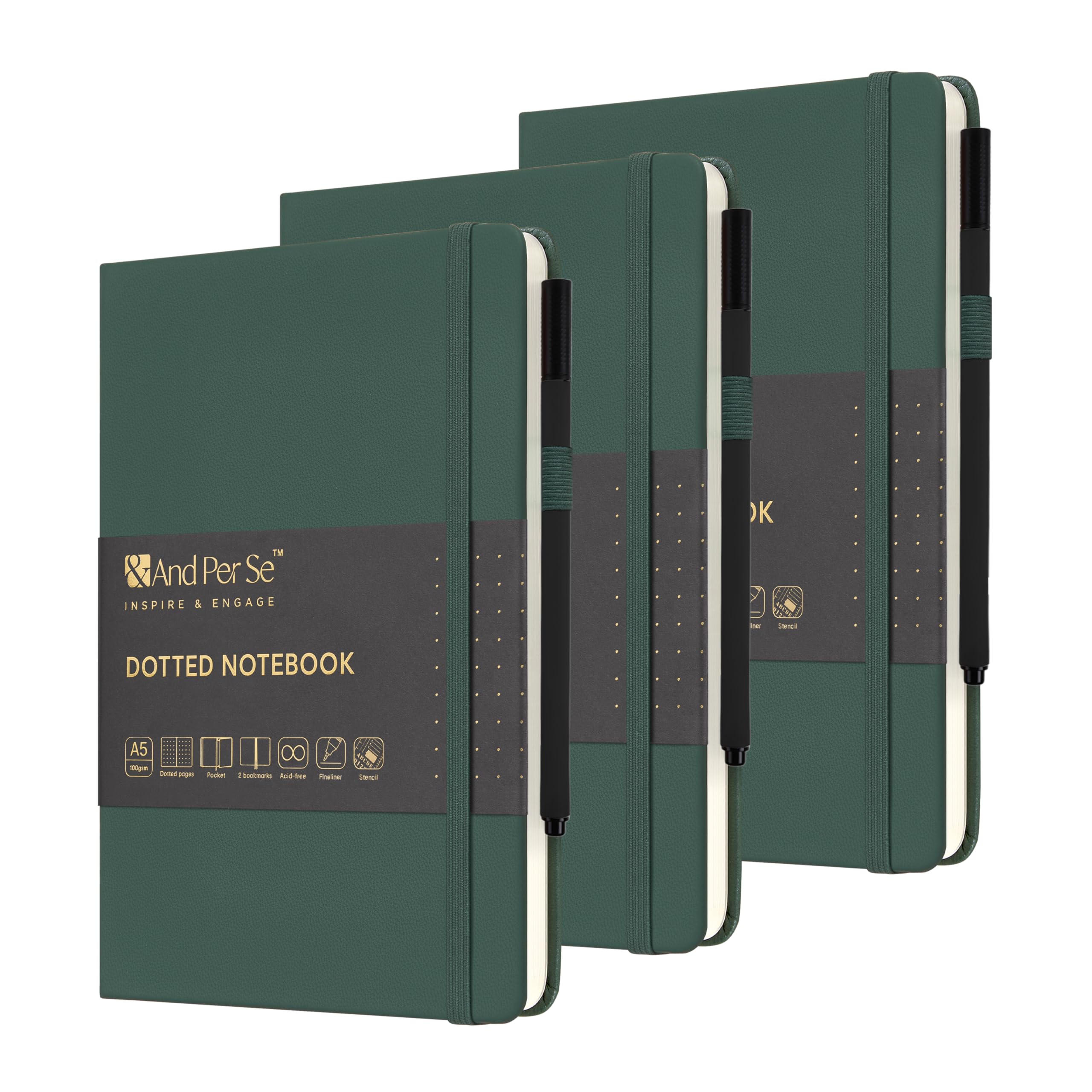 &And Per Se Bullet Dotted Journal Notebook Set (3 Packs), A5 Leather Hardcover, 176 Numbered Pages 100GSM Thick Dotted Paper, 2 Sheets of Stencils Included - 5.7'' x 8'' (Green)