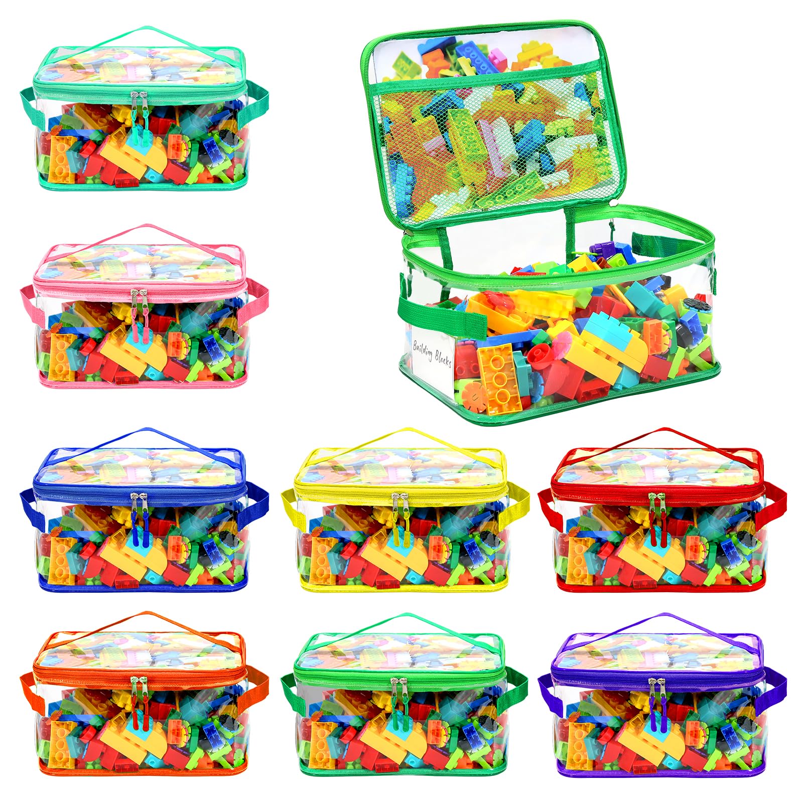 8 Pack Clear Toy Storage Bags, Extra Large Capacity Transparent Waterproof PVC Toy Organizing Bags with Name Tag and Manual Pocket for Building Blocks Board Games, Puzzle, Kids Books (Color)