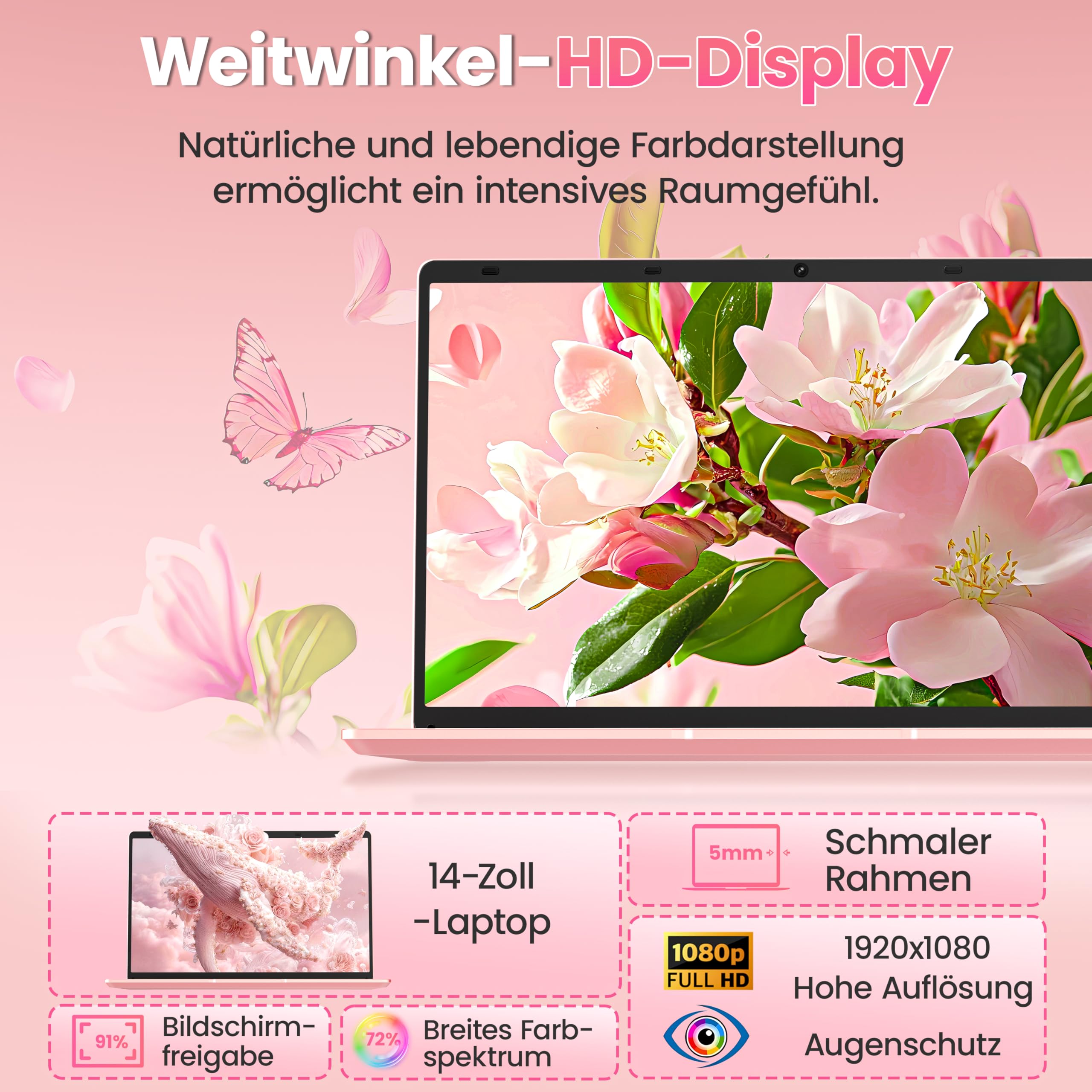 14 Zoll Laptop, 8GB RAM, 128GB SSD, Celeron J4105 bis zu 2,5 GHz | FHD Display, Webcam, WiFi, USB 3.0 x2, Mini-HDMI, ultradünnes Notebook für Anfänger und Studenten, inkl. DE Tastaturabdeckung