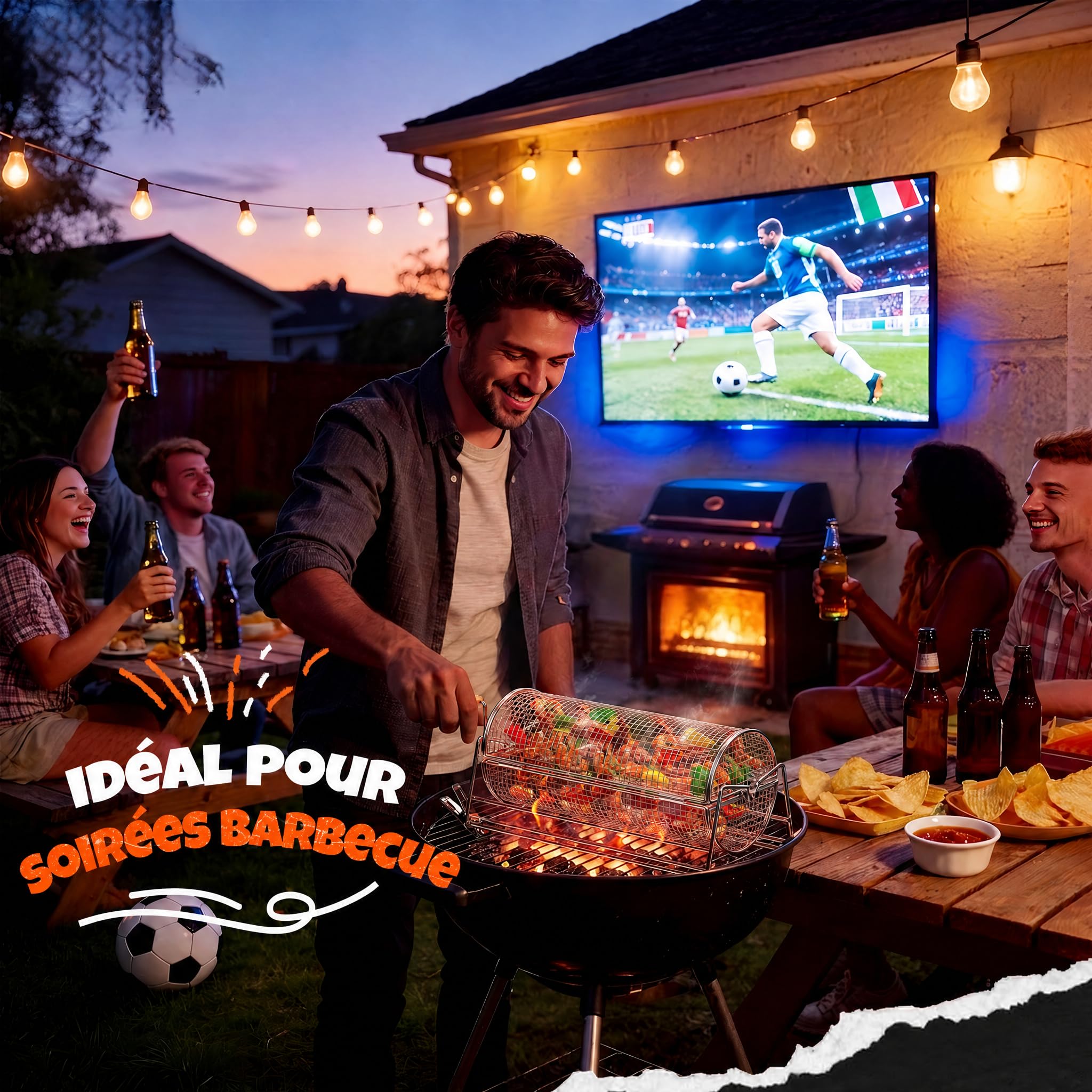 2-en-1 Panier à Barbecue Roulant Rotatif, Inoxydable 304 avec Poignées Détachables Doubles Manivelle et Droite, Accessoires BBQ pour Légumes Crevettes, Cadeau Idée Homme Papa Mari Anniversaire