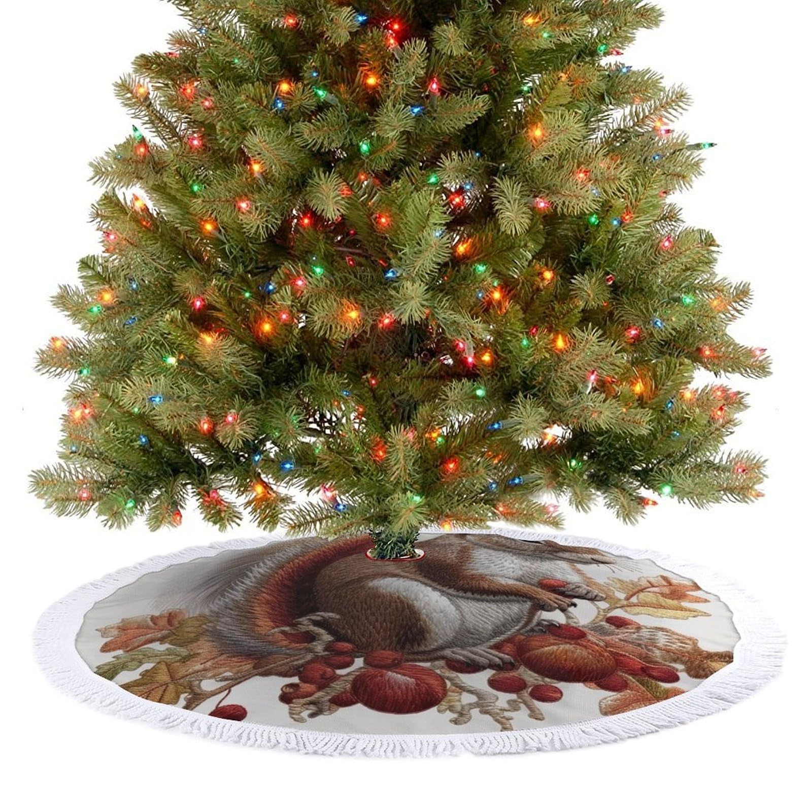 Leaves and Squirrel Christmas Tree Skirt 48"x48" Rustic Xmas Tree Mat with Tassel Ornament Christmas Trees Cover Skirt Mat for Evergreen Trees Ornament Winter Holiday Mats Decorations