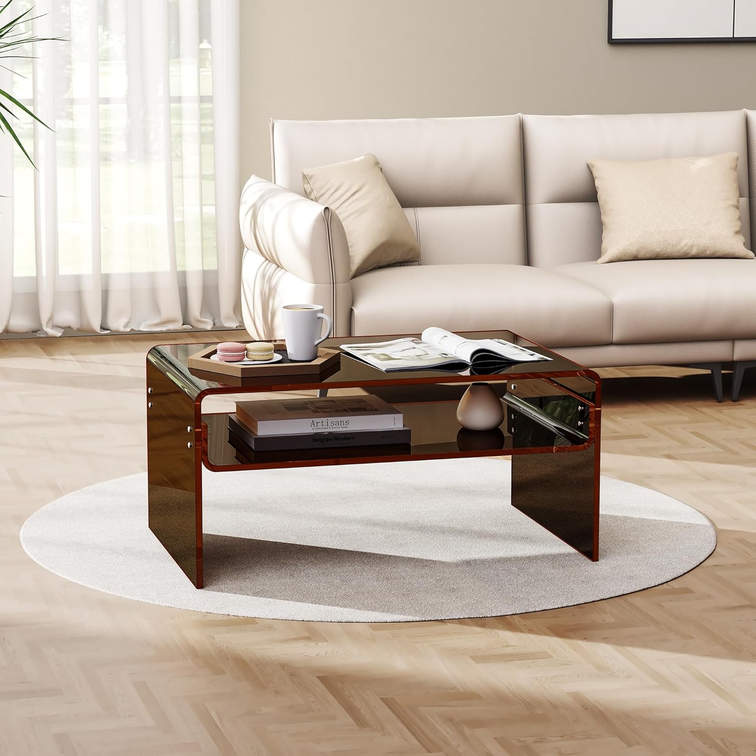 Acrylic Coffee Table for Living Room Clear Rectangle Lucite Table with Open Storage Shelf (1, Dark Brown, Large) Large Dark Brown 1