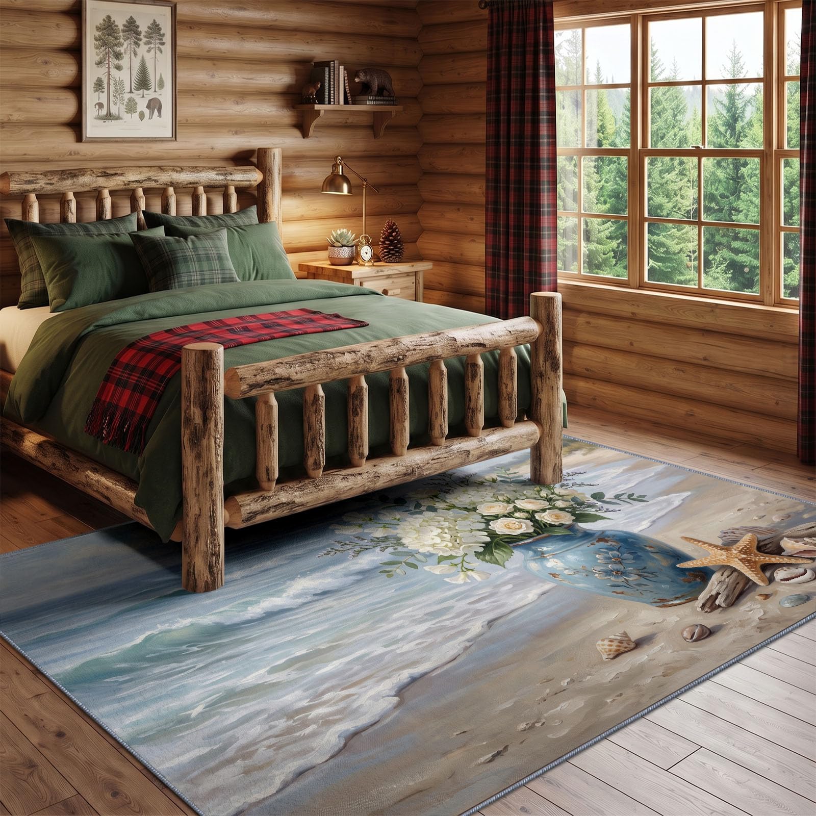 Générique Floristique Côtière Tapis de Salon Lavable en Machine 80 x 150 cm, Tapise antidérapant, Tapis de Chambre Style Plage Vagues Océaniques Compositions Florales pour Le Salon, l'entrée, Blanc