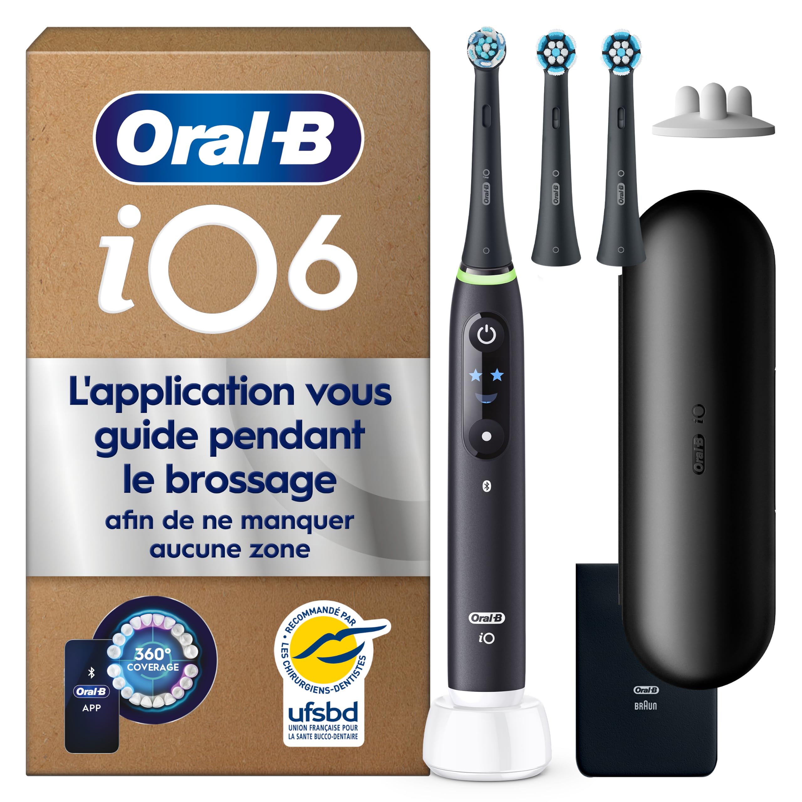 Oral-B Brosse à Dents Electrique iO 6, 3 Brossettes de Rechange, Noire – 5 Modes de Brossage dont Blancheur et Soin des Gencives, Capteur de Pression, Batterie Rechargeable, Ecran Interactif, Etui