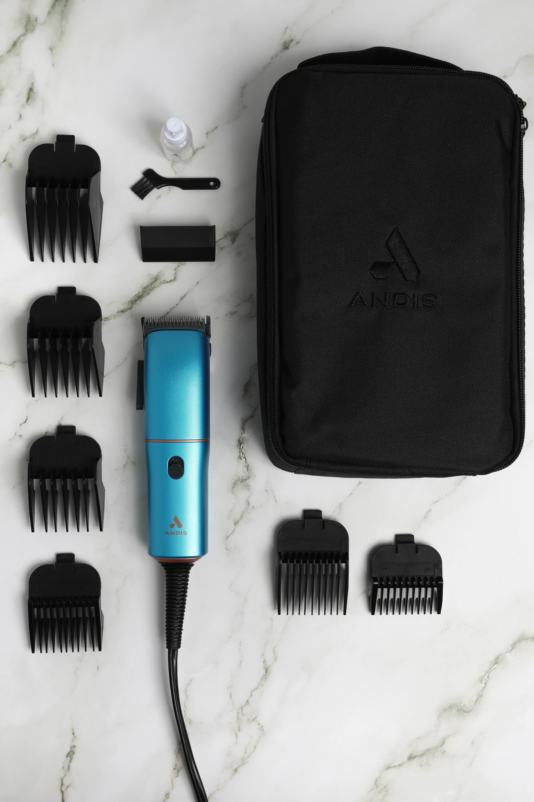 Andis Easy Clip 560814 - Cortapelos para perros con cable y hoja ajustable, kit de 11 piezas, ligero, potente motor, azul, 560814
